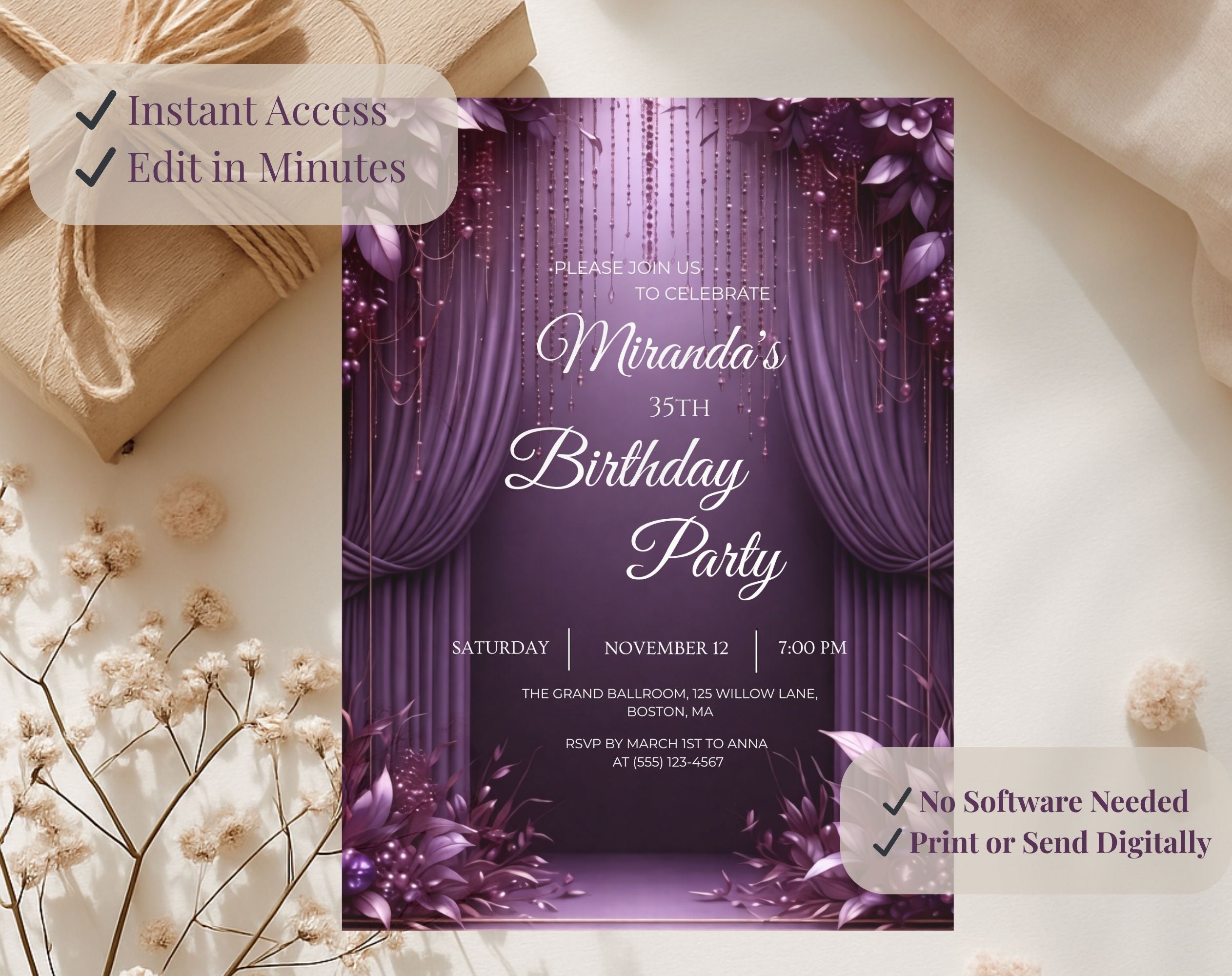 Luxury Purple 35th Birthday Invitation
