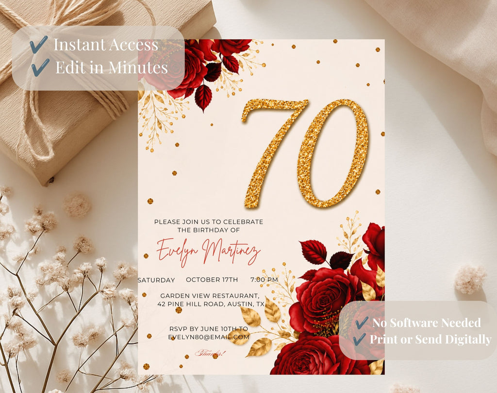 Elegant Red Rose 70th Birthday Invitation