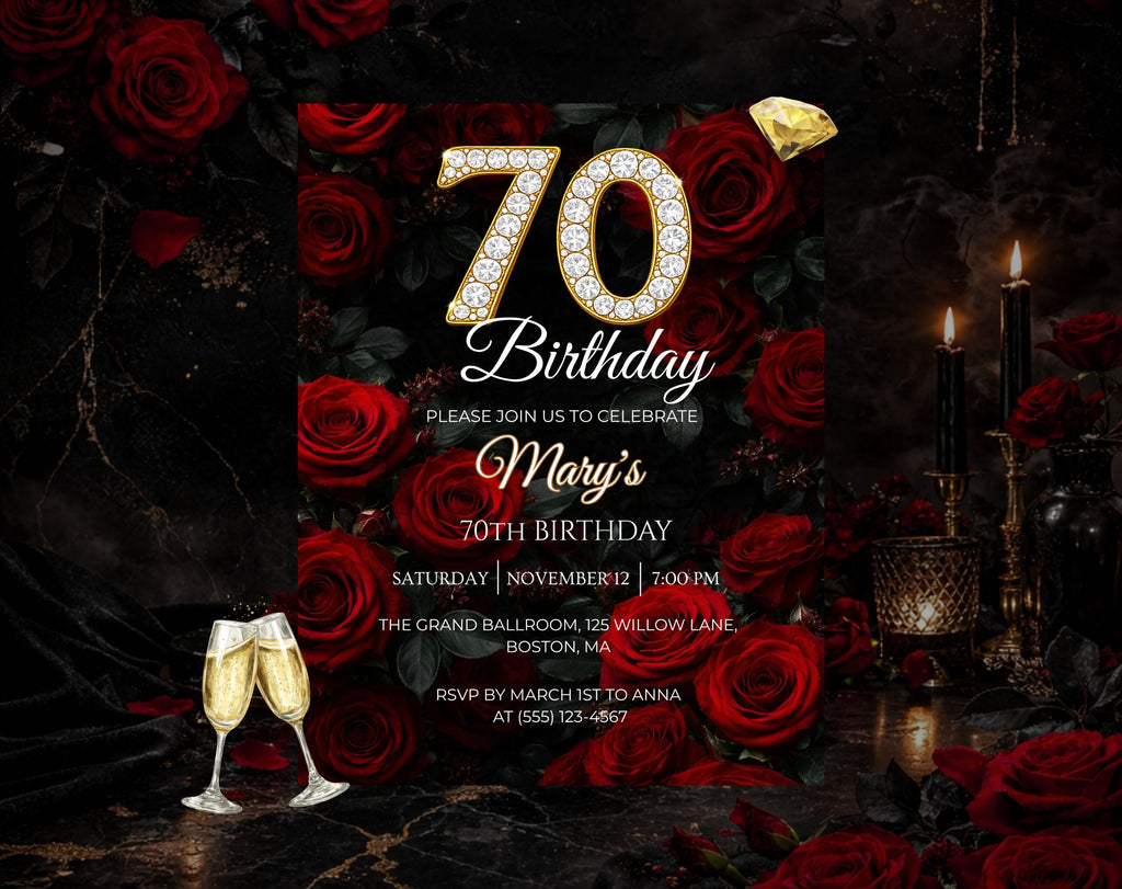 Luxury Red Rose 70th Birthday Invitation