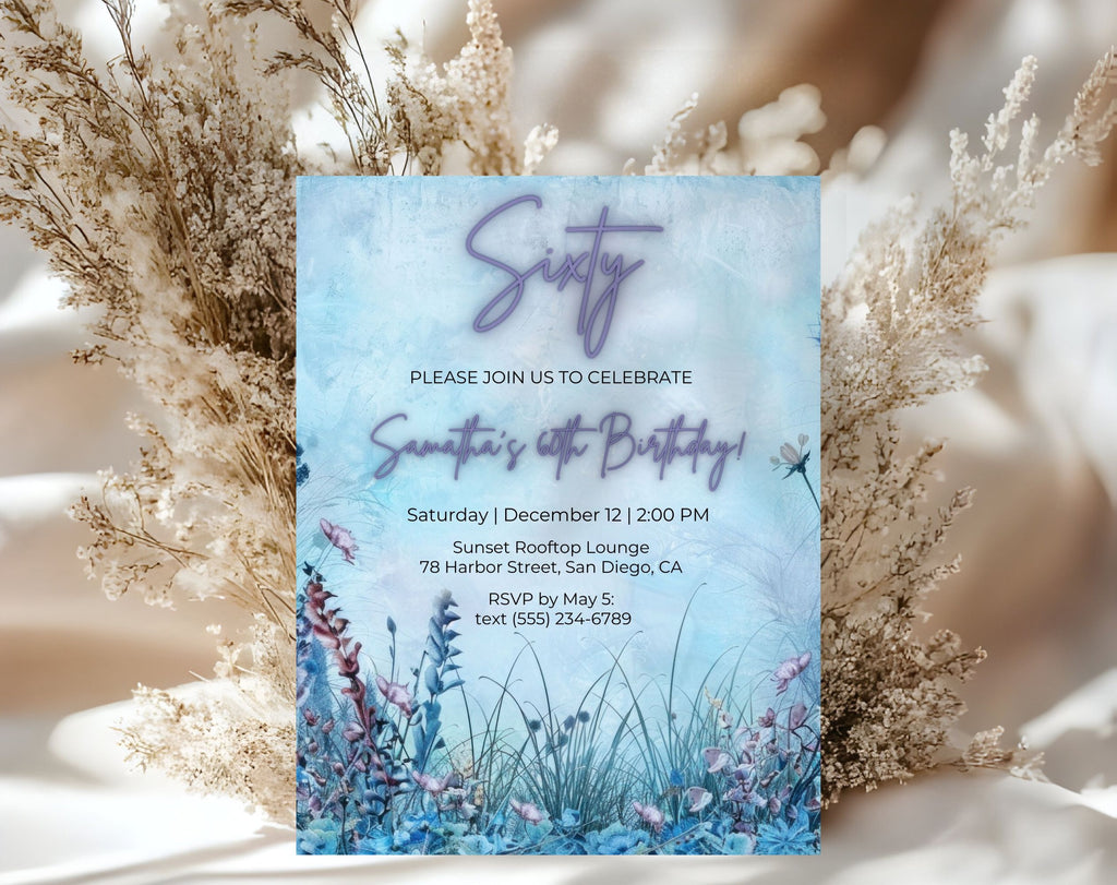Blue Floral Elegant 60th Birthday Invitation