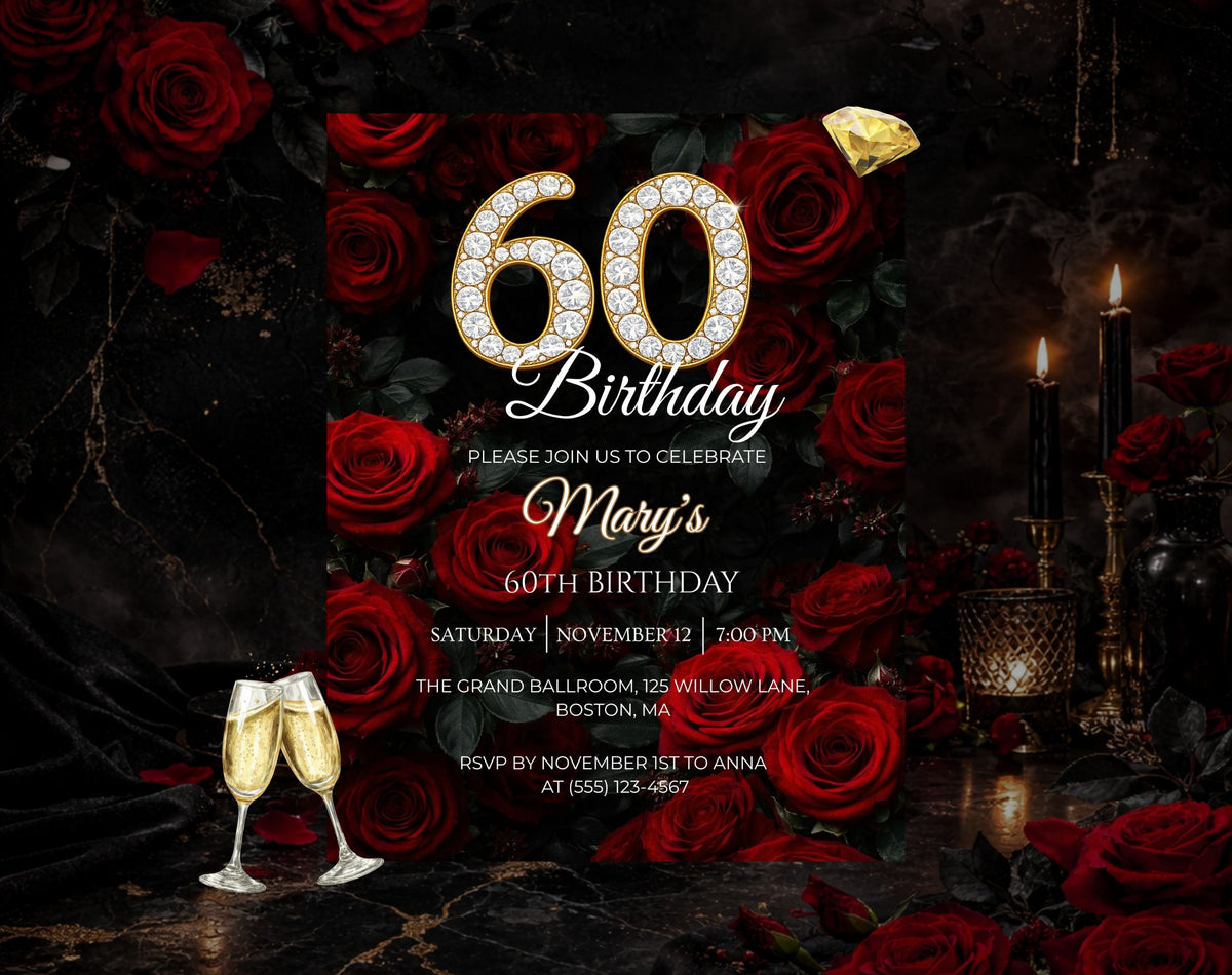 Luxury Red Rose 60th Birthday Invitation