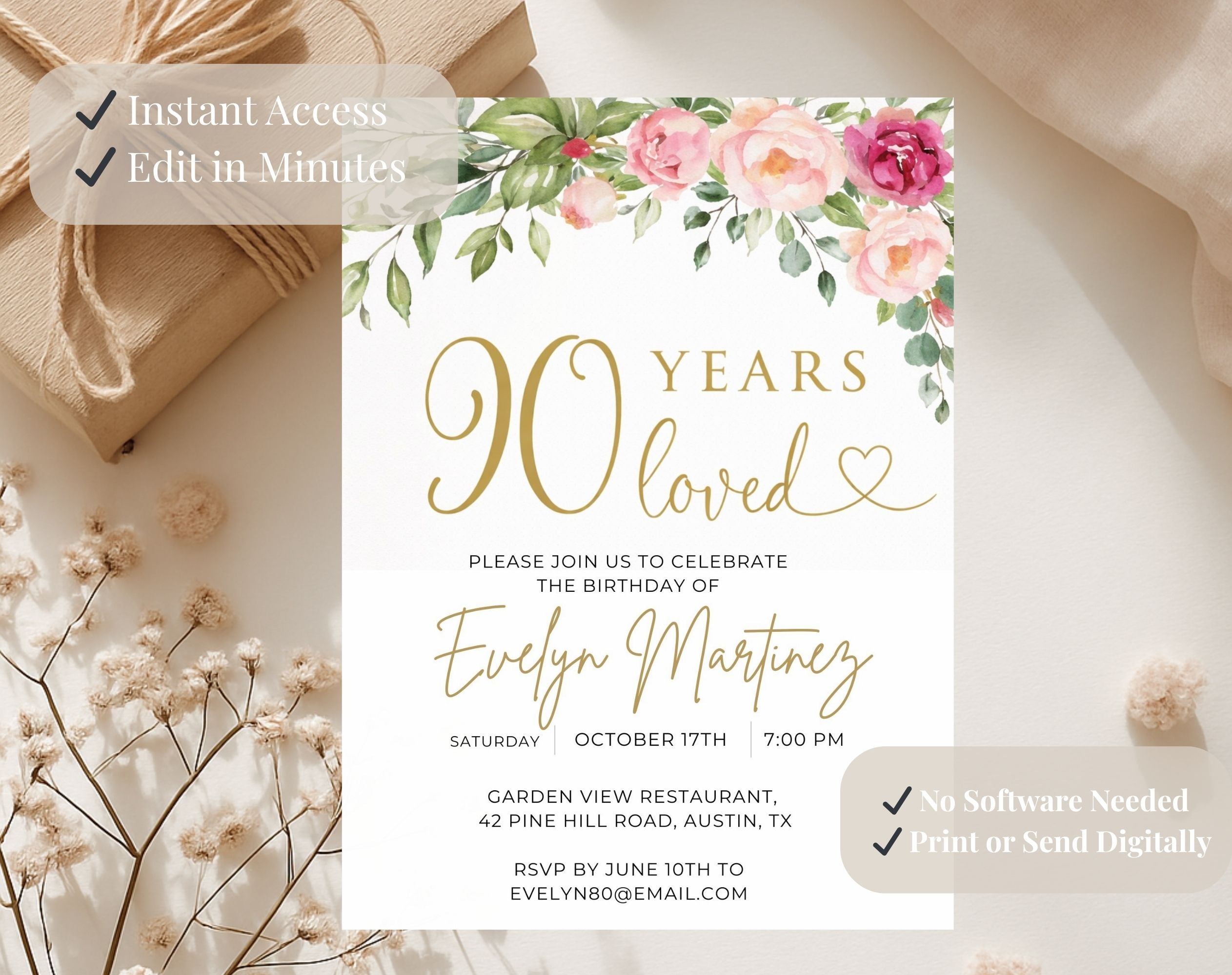 Gold Floral 90th Birthday Invitation