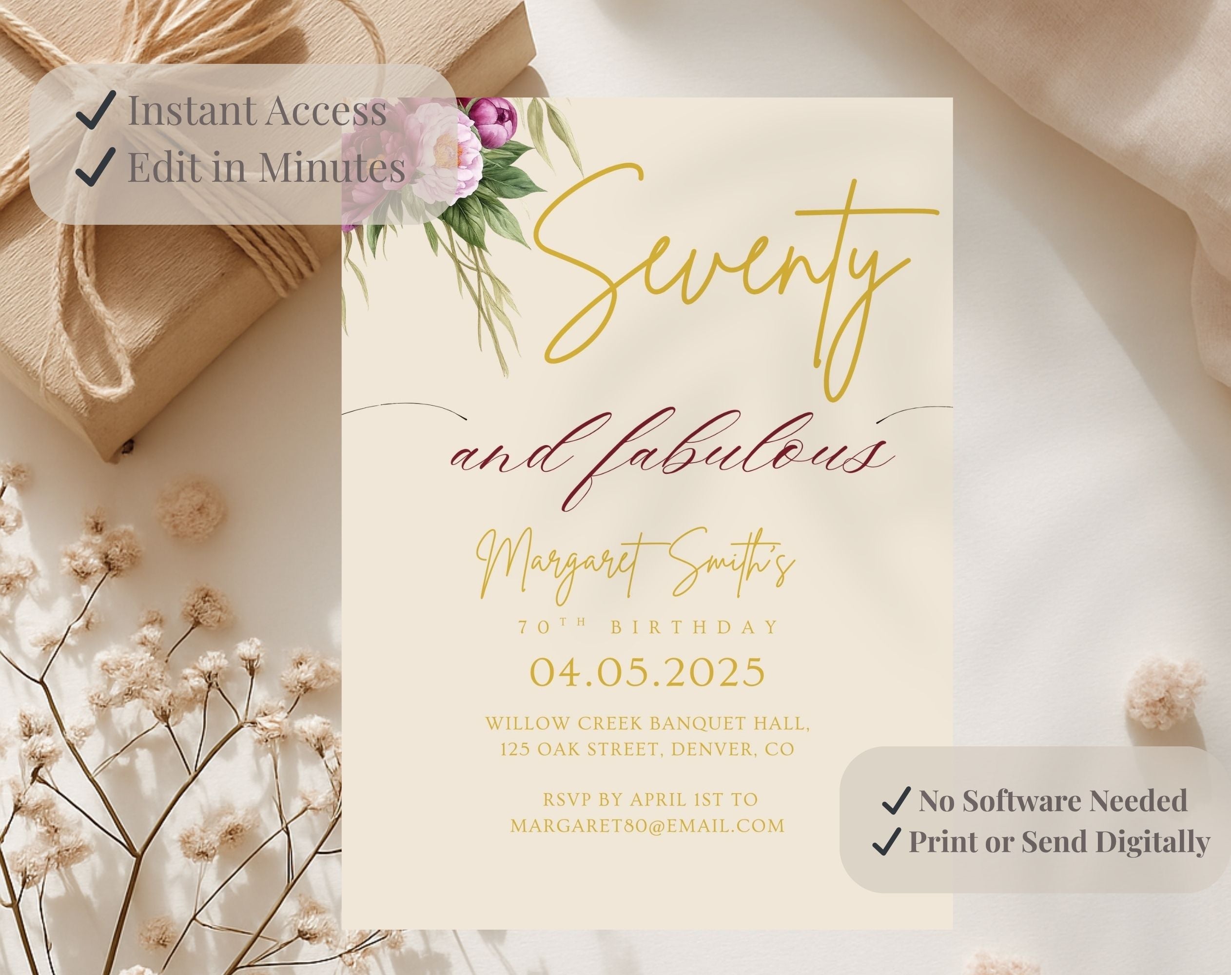 Beige Floral Elegant 70th Birthday Invitation