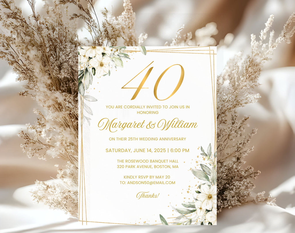 White Gold Floral 40th Wedding Anniversary Invitation