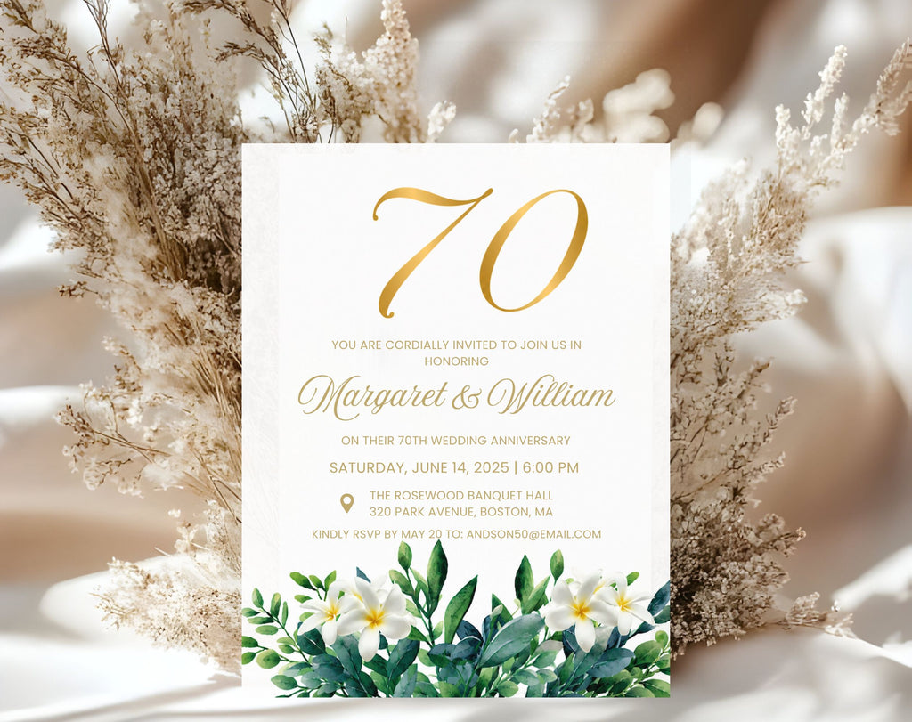 70th White Gold Wedding Anniversary Invitation