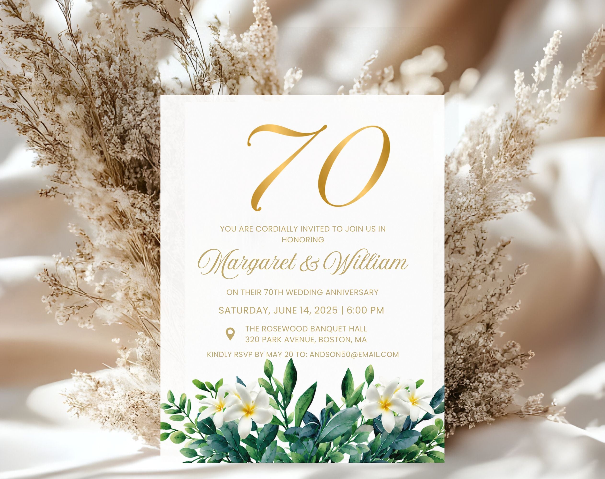 70th White Gold Wedding Anniversary Invitation