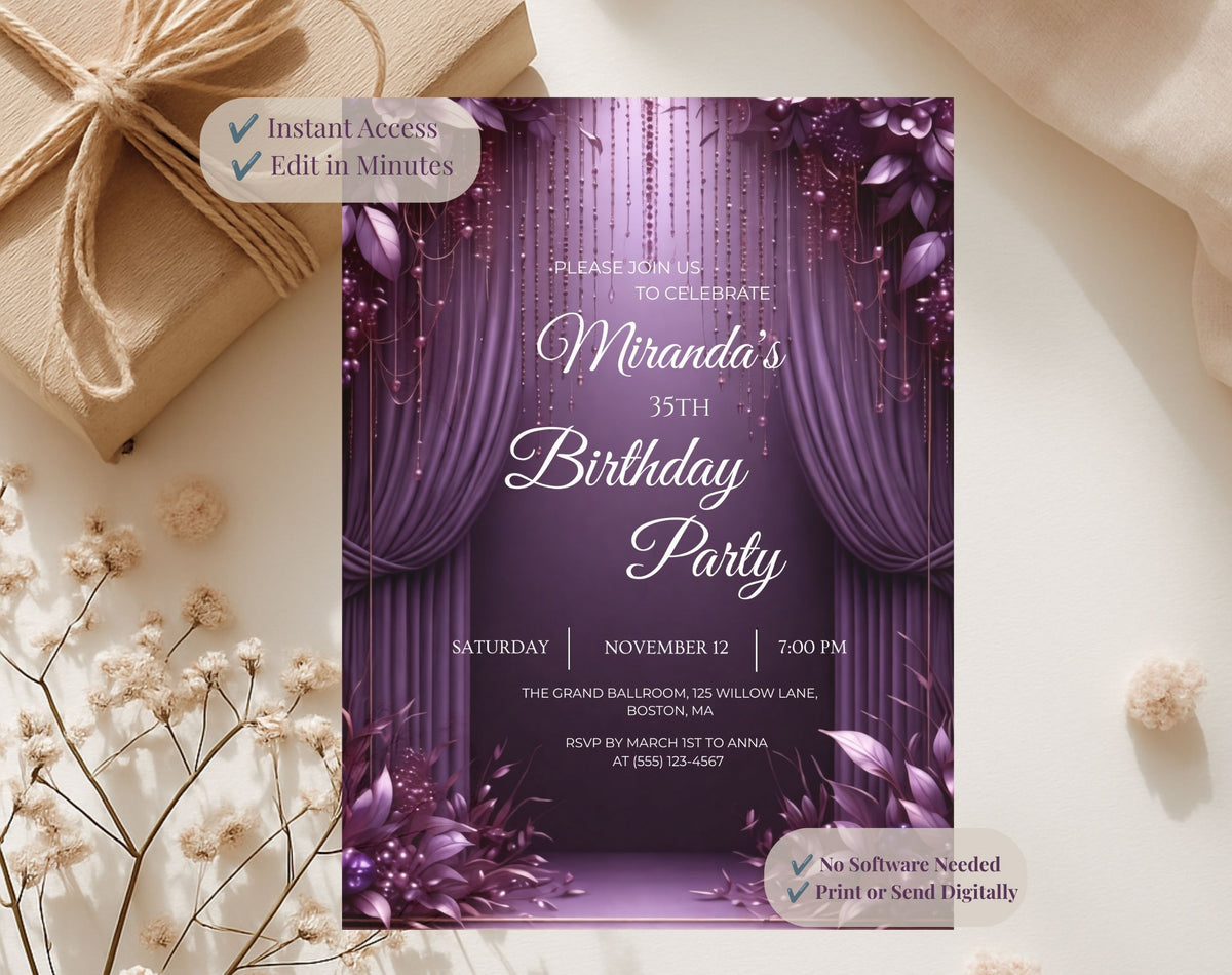 Luxury Purple 35th Birthday Invitation