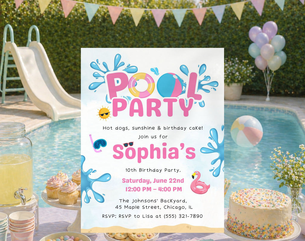 Pink Blue Pool Party 10th birthday Invitation