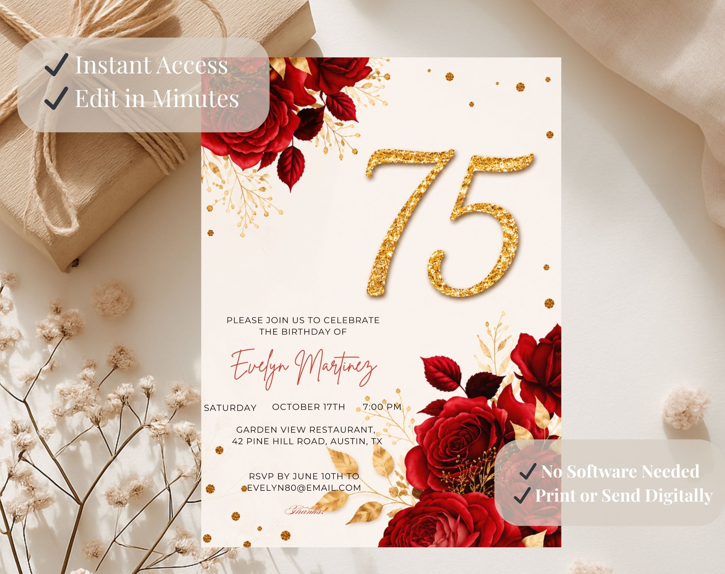 Elegant Red Rose 75th Birthday Invitation
