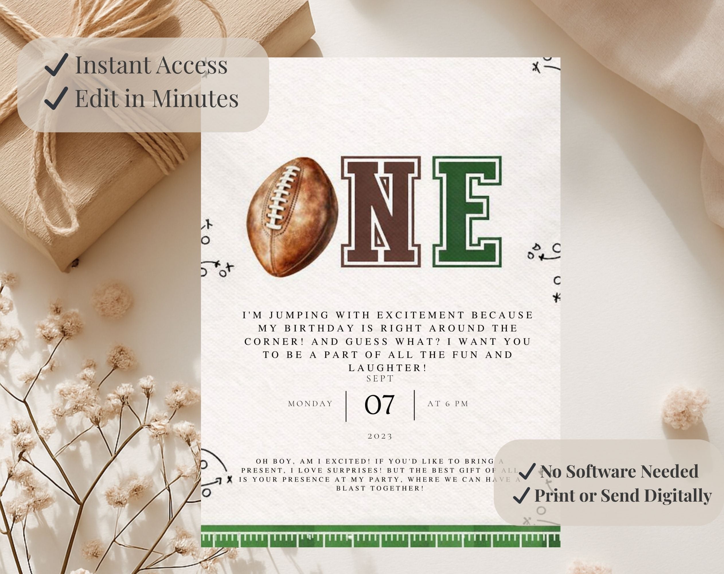 Green and Brown Football First Birthday Invitation