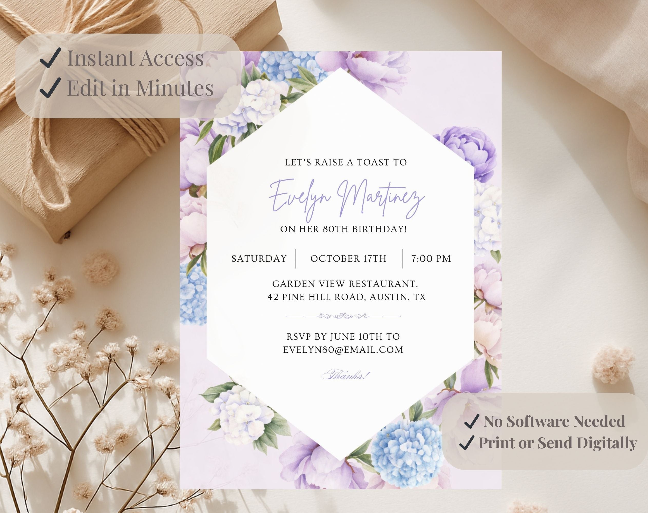 Elegant Purple Floral 80th Birthday Invitation