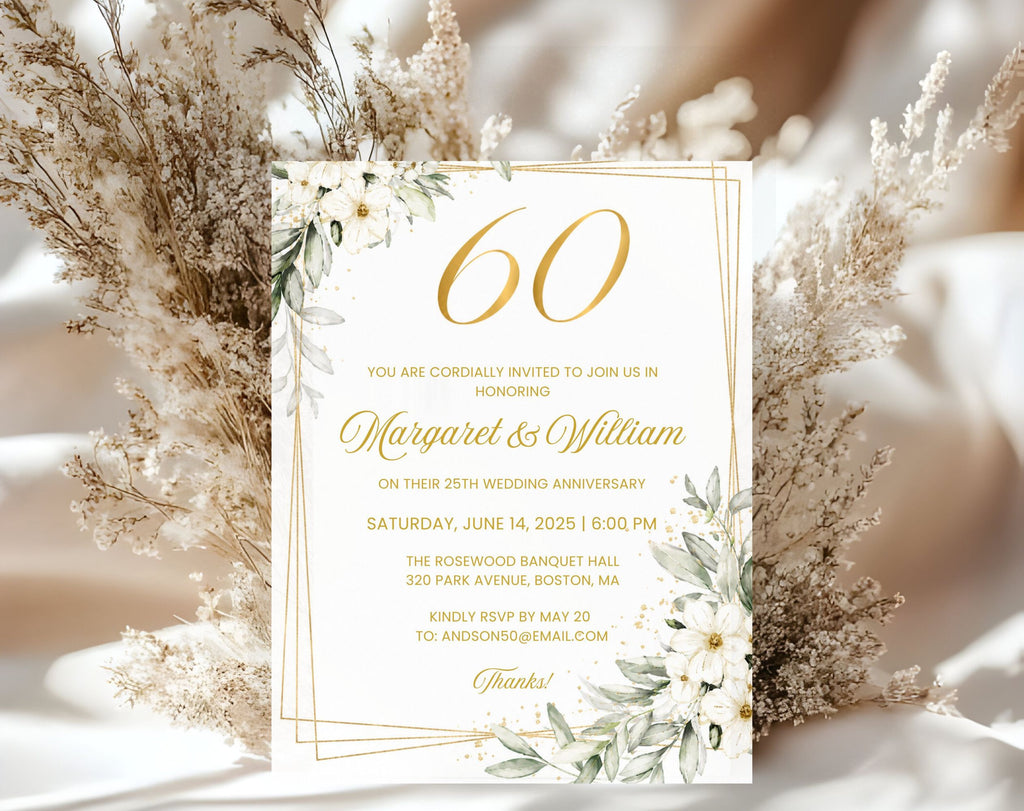 White Gold Floral 60th Wedding Anniversary Invitation