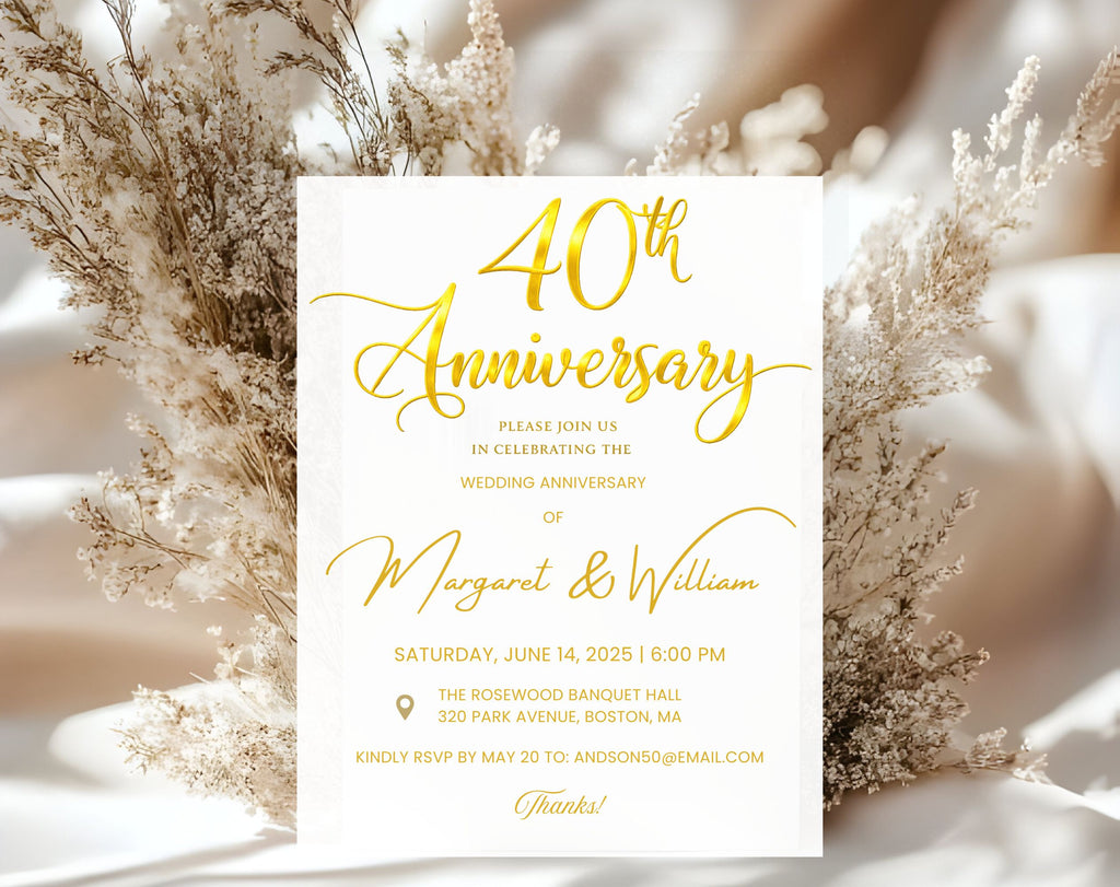 Golden 40th  Wedding Anniversary Invite White Gold