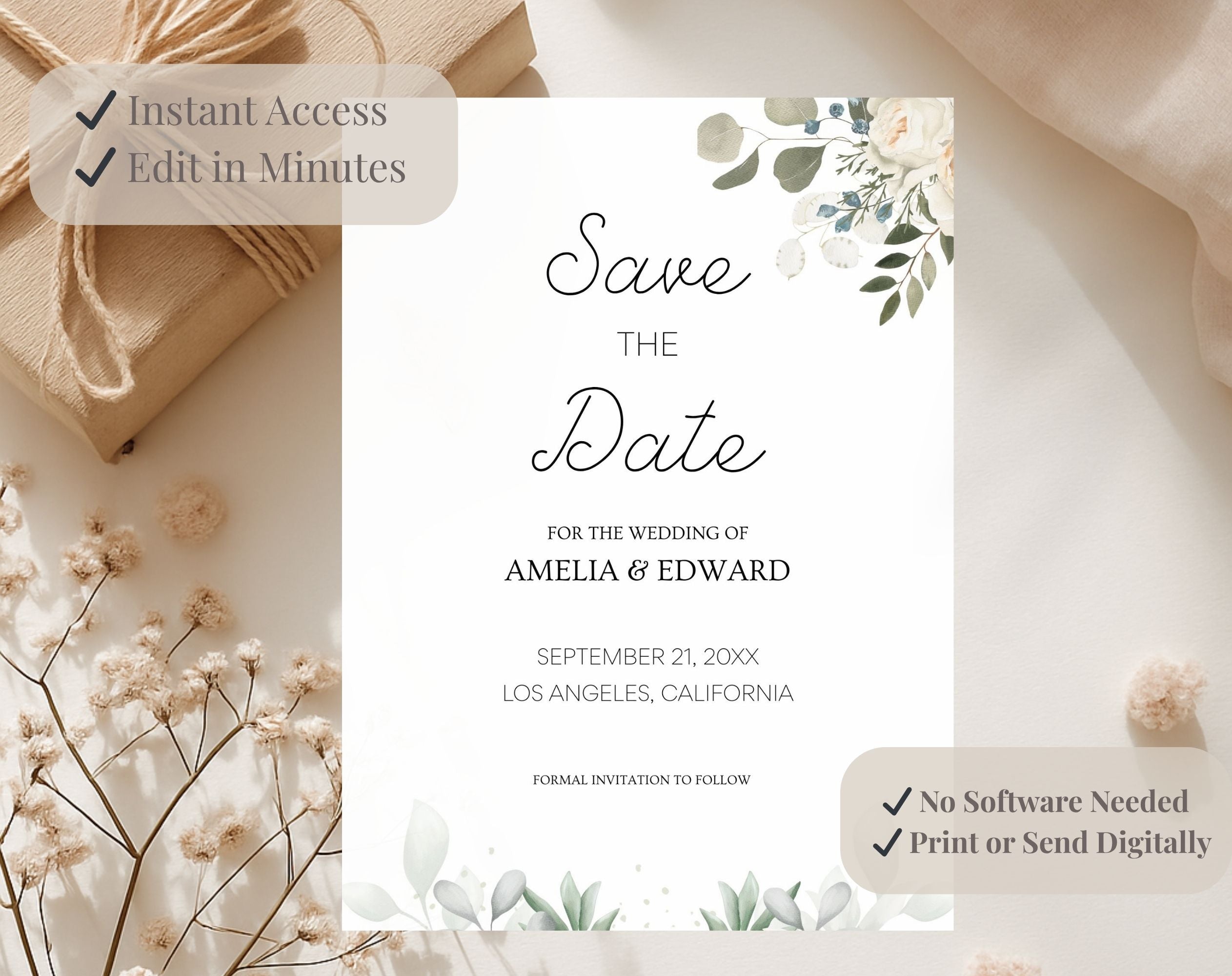 Minimal Save the Date Beige Green Wedding Invitation