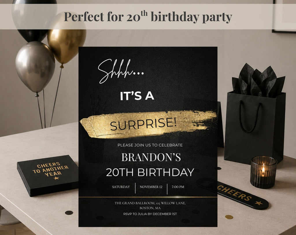 20th gold black Birthday Party Invitation