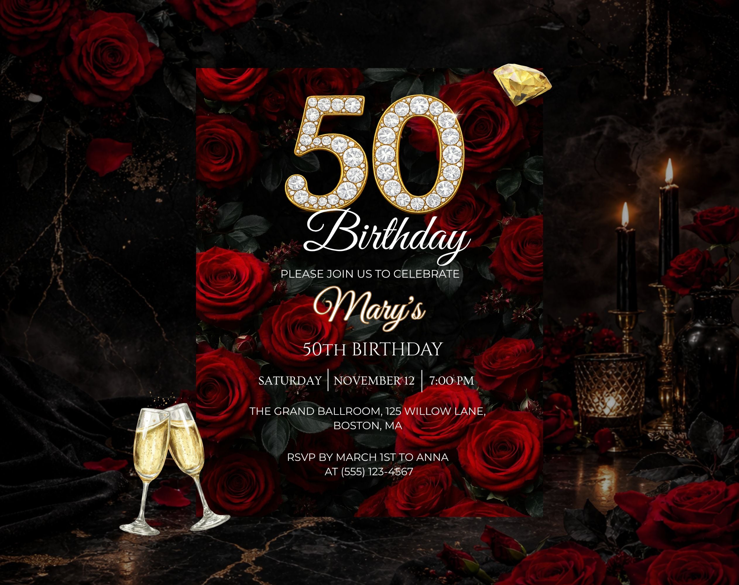 Luxury Red Rose 50th Birthday Invitation