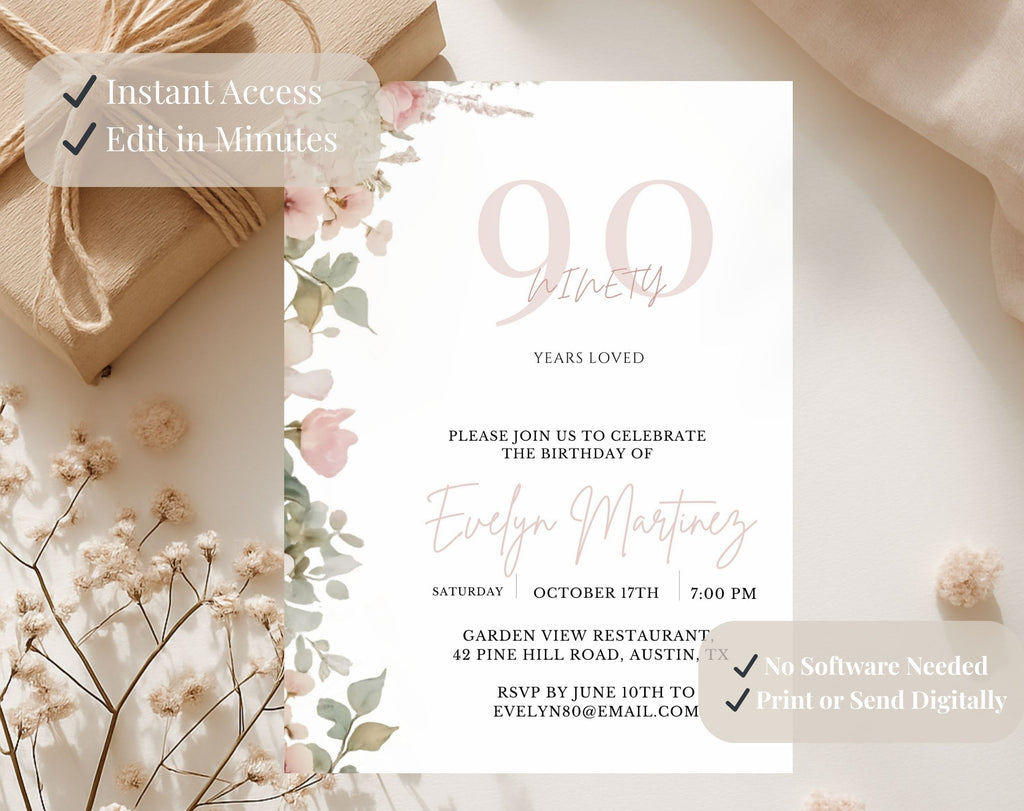Blush Pink and Green Floral  90th Birthday Invitation