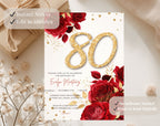 Elegant Floral Red and Gold 80th Birthday Invitation