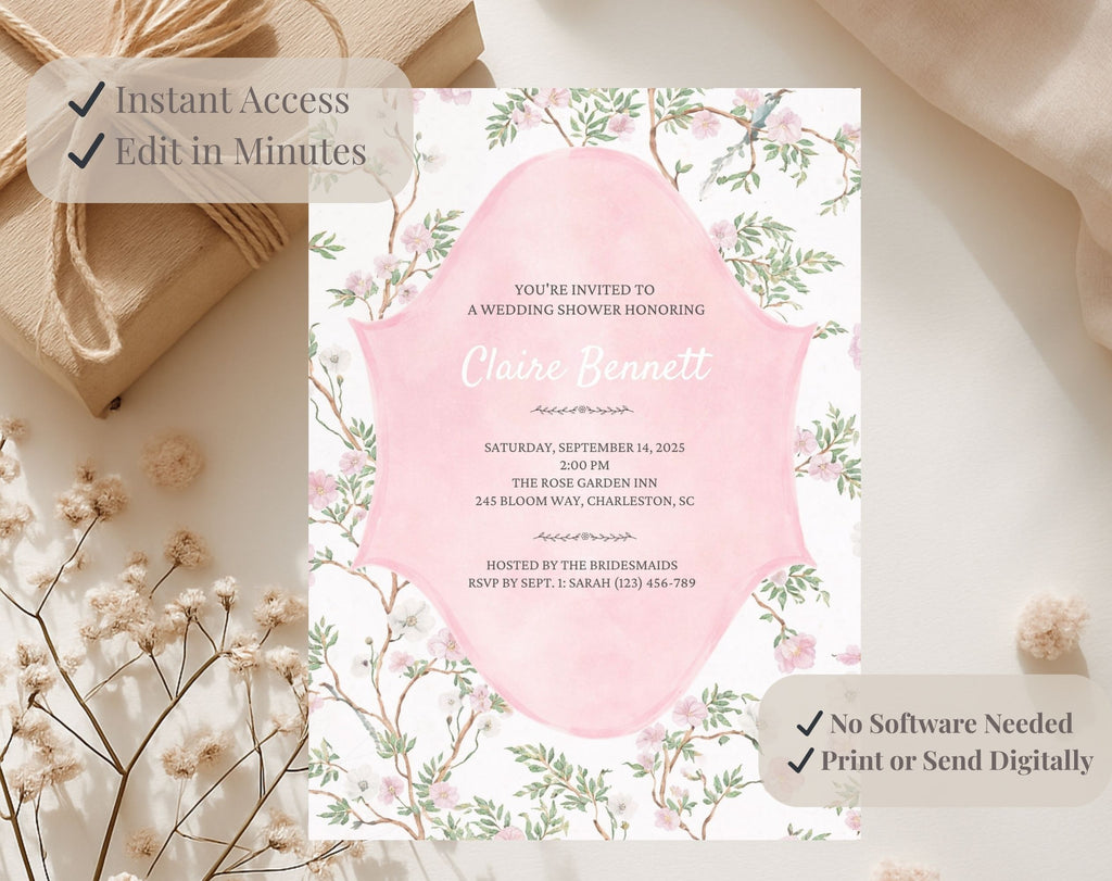 Elegant Pink Floral Bridal Shower Invitation