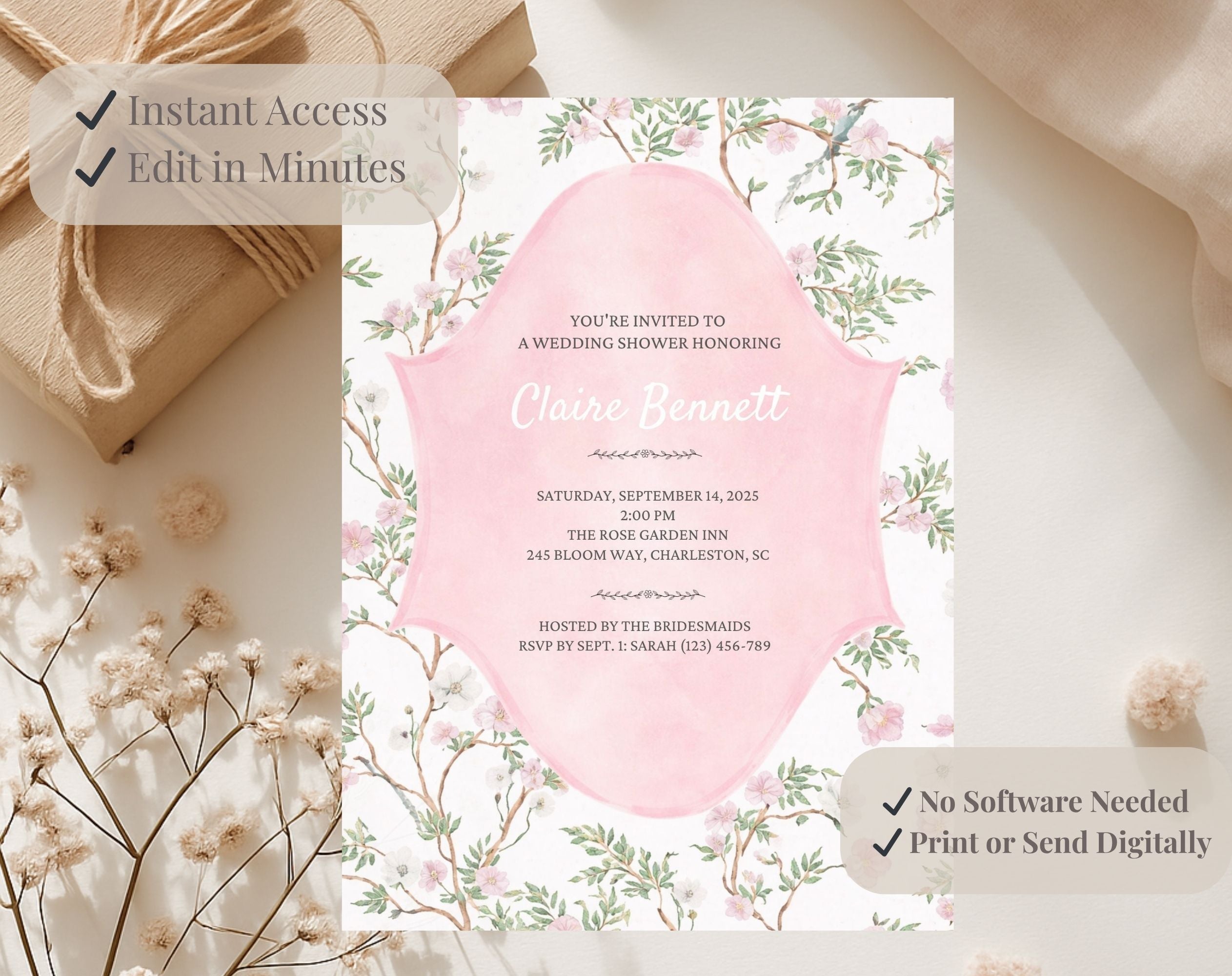 Elegant Pink Floral Bridal Shower Invitation