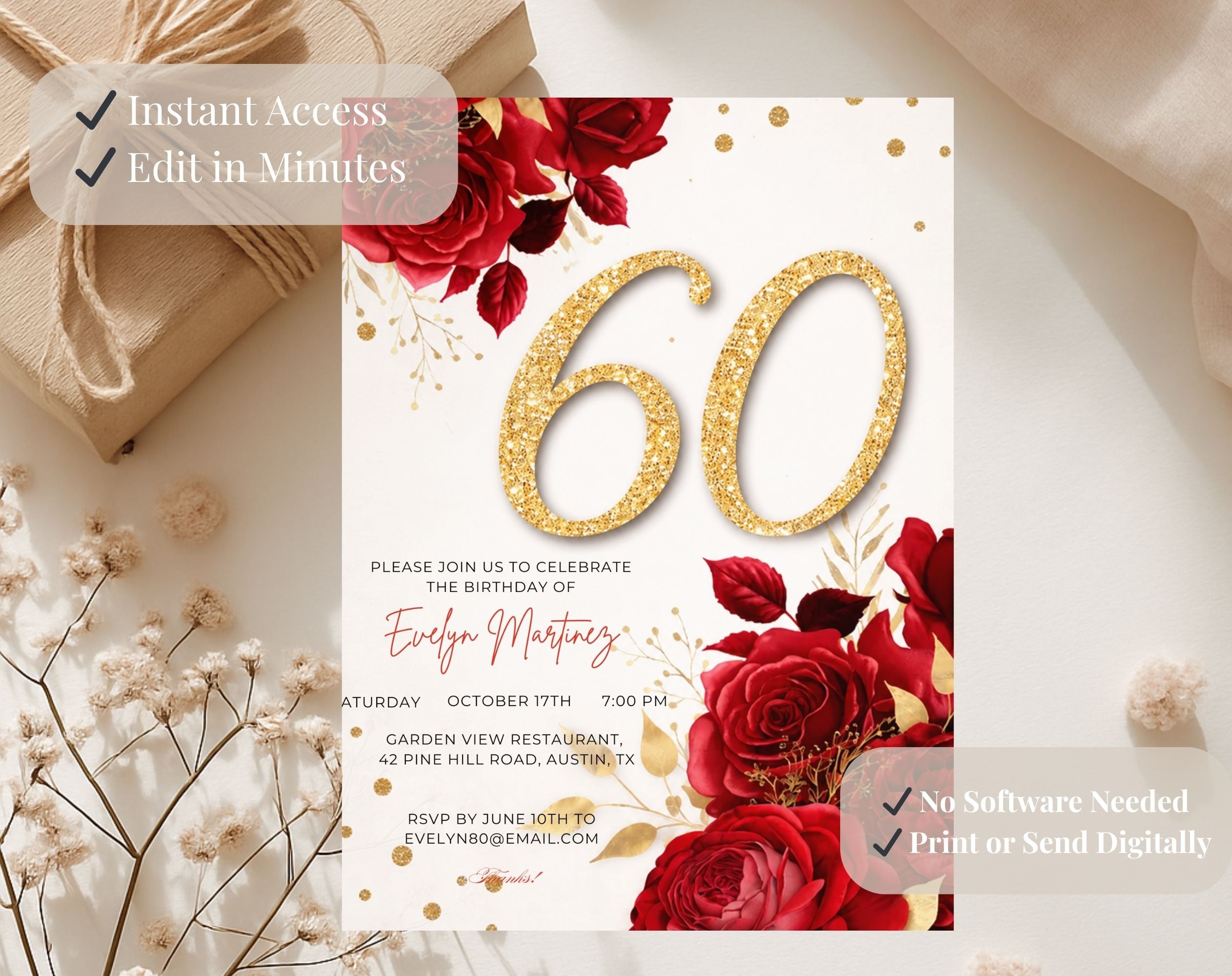 Elegant 60th Birthday Invitation Template With Matching Evite