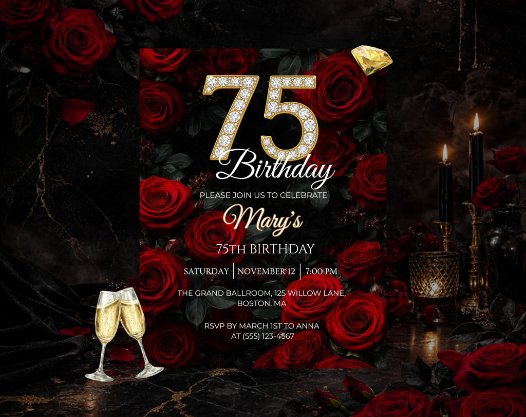 Luxury Red Rose 75th Birthday Invitation