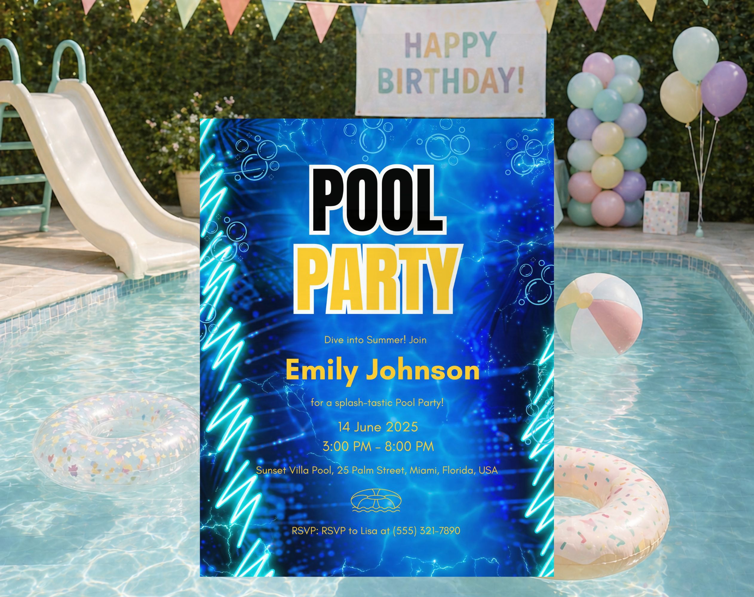 Blue Neon Pool  birthday Party Invitation