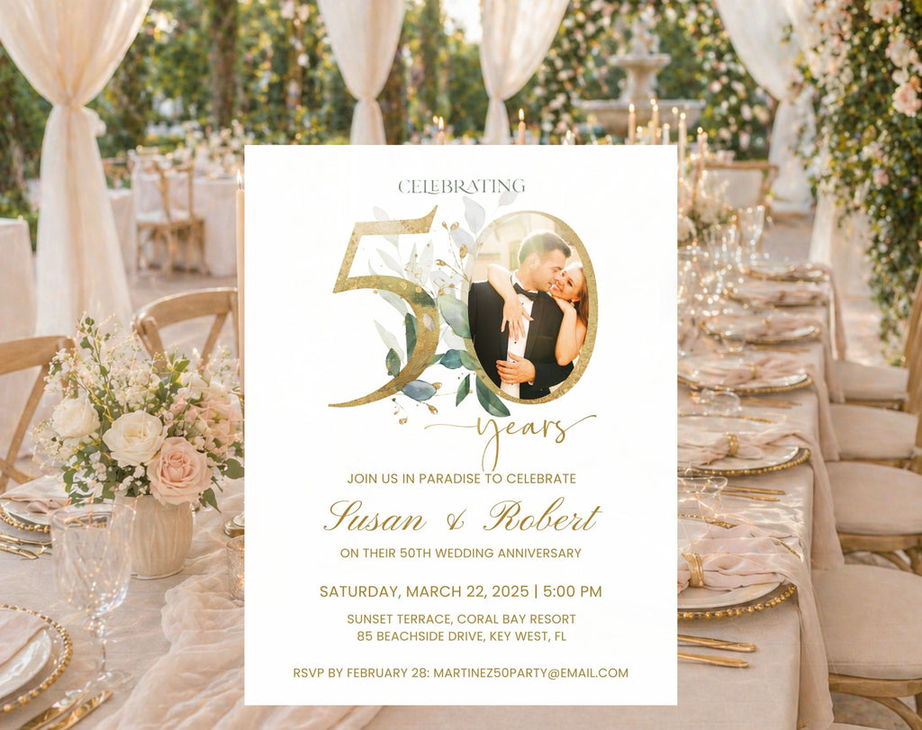 50th Wedding Anniversary Invitation Photo White Gold