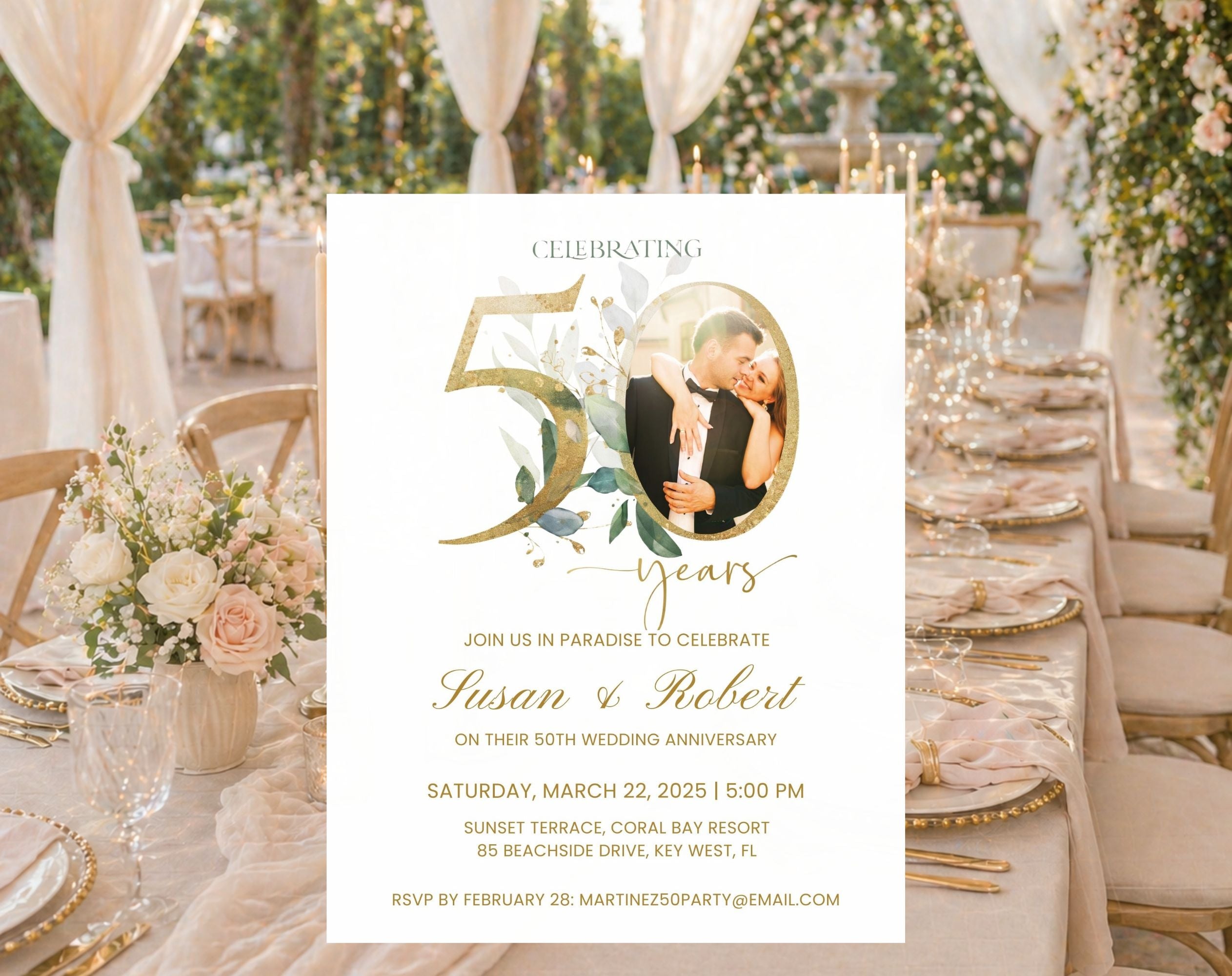 50th Wedding Anniversary Invitation Photo White Gold