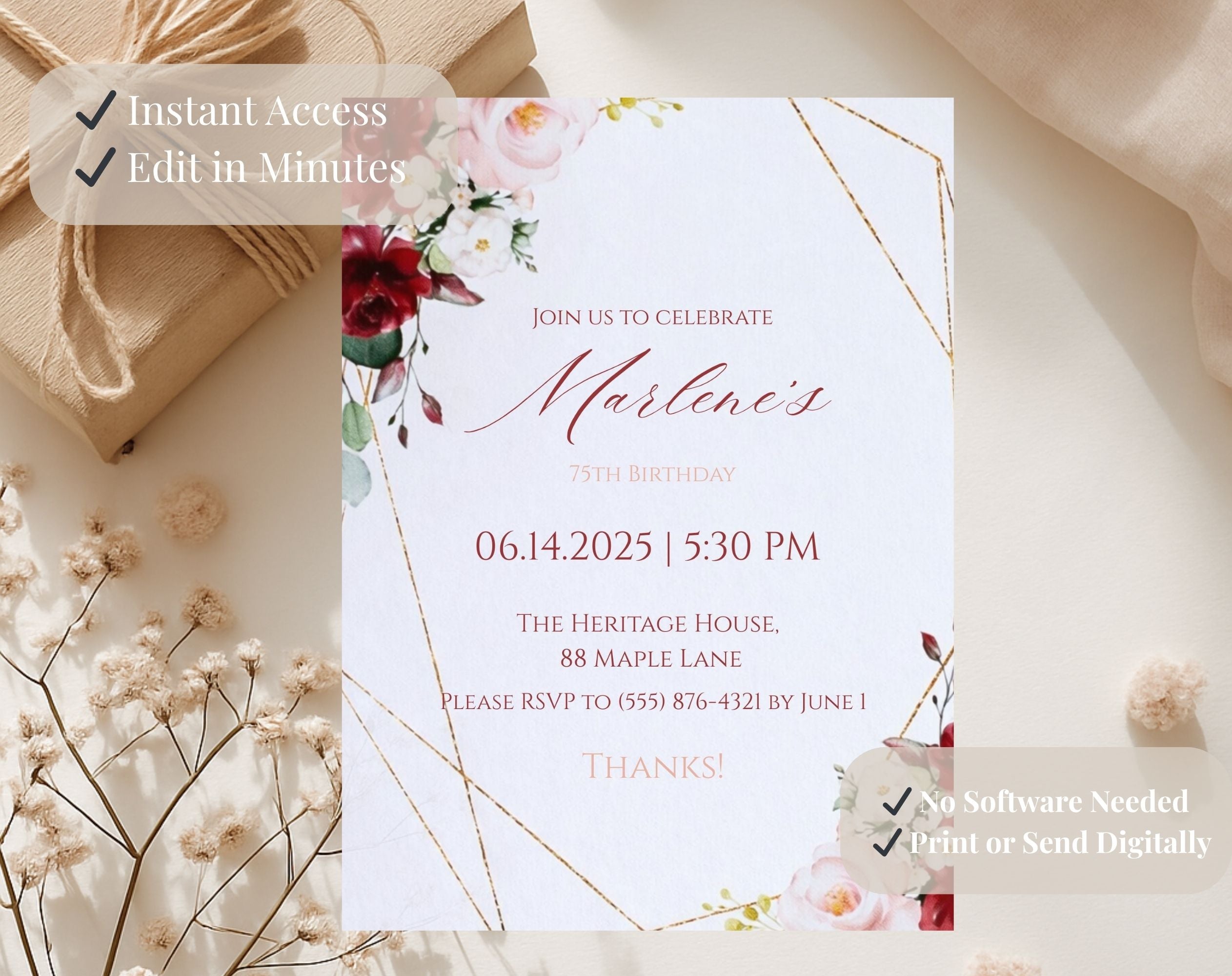 Burgundy Floral 75th Birthday Invitation