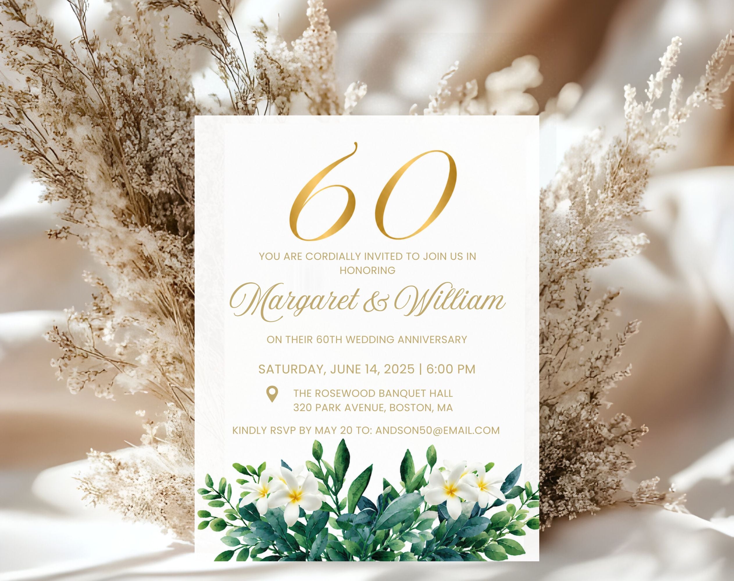 60th White Gold Wedding Anniversary Invitation