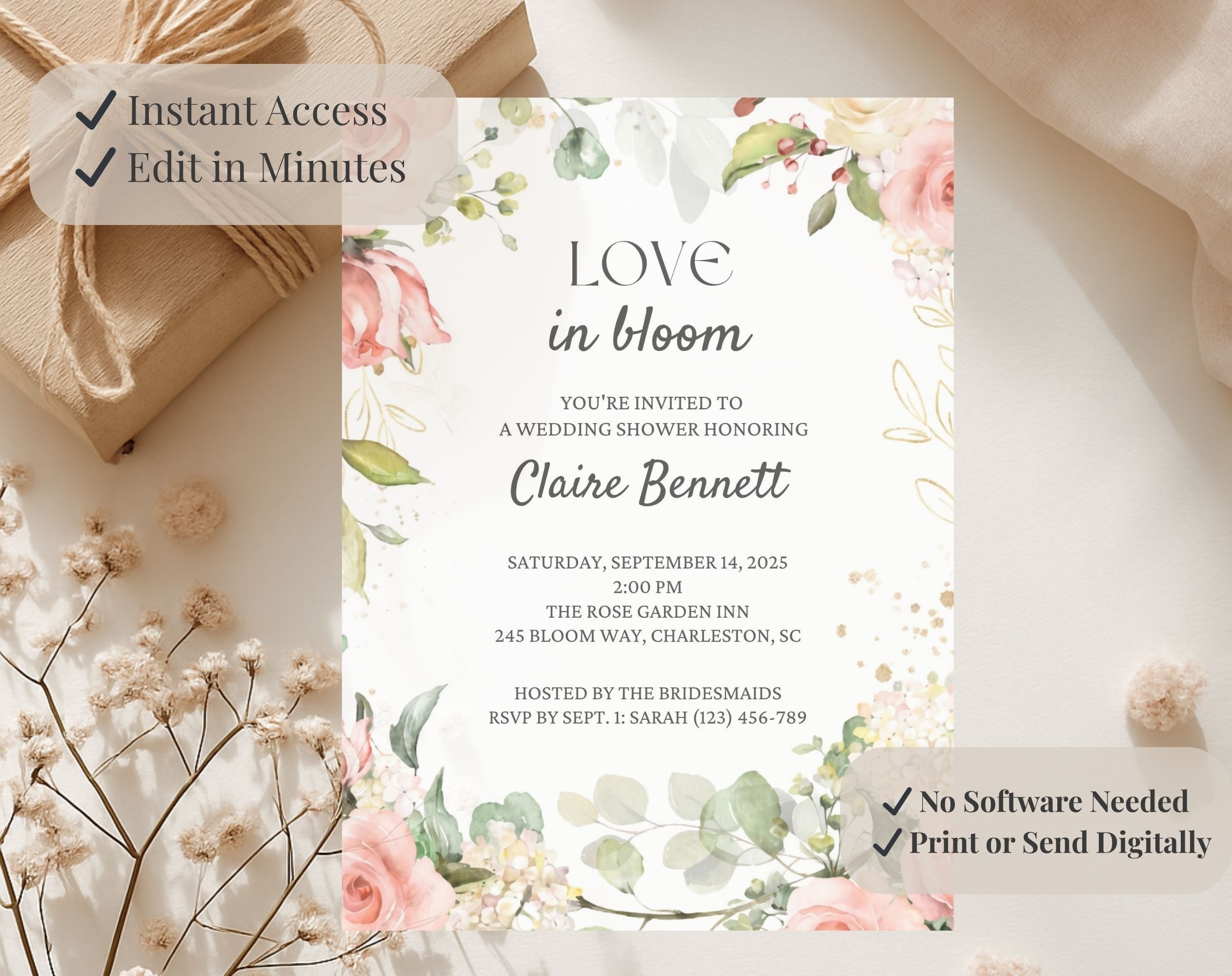 Peach and Green Floral Bridal Shower Invitation