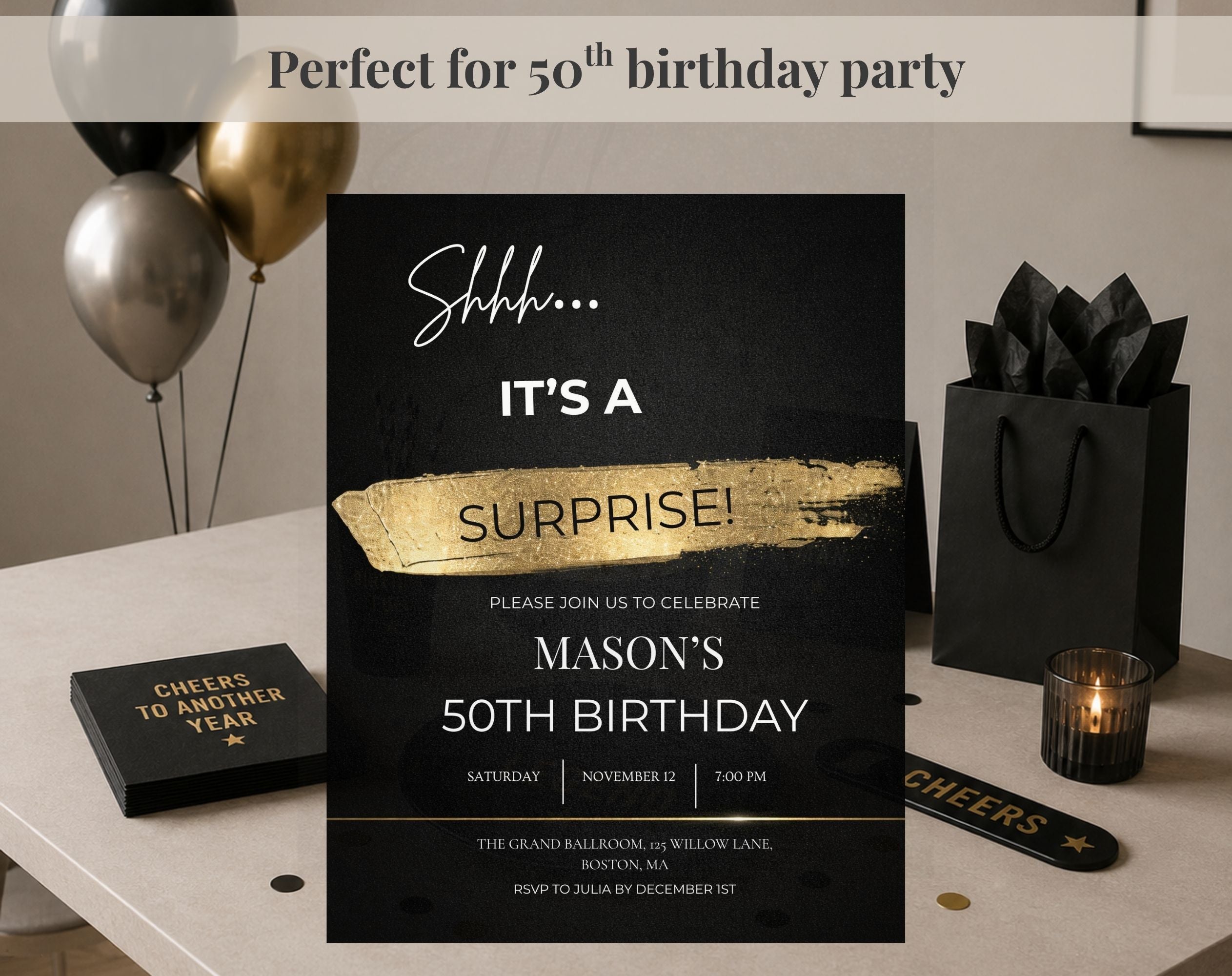 50th gold black Birthday Party Invitation