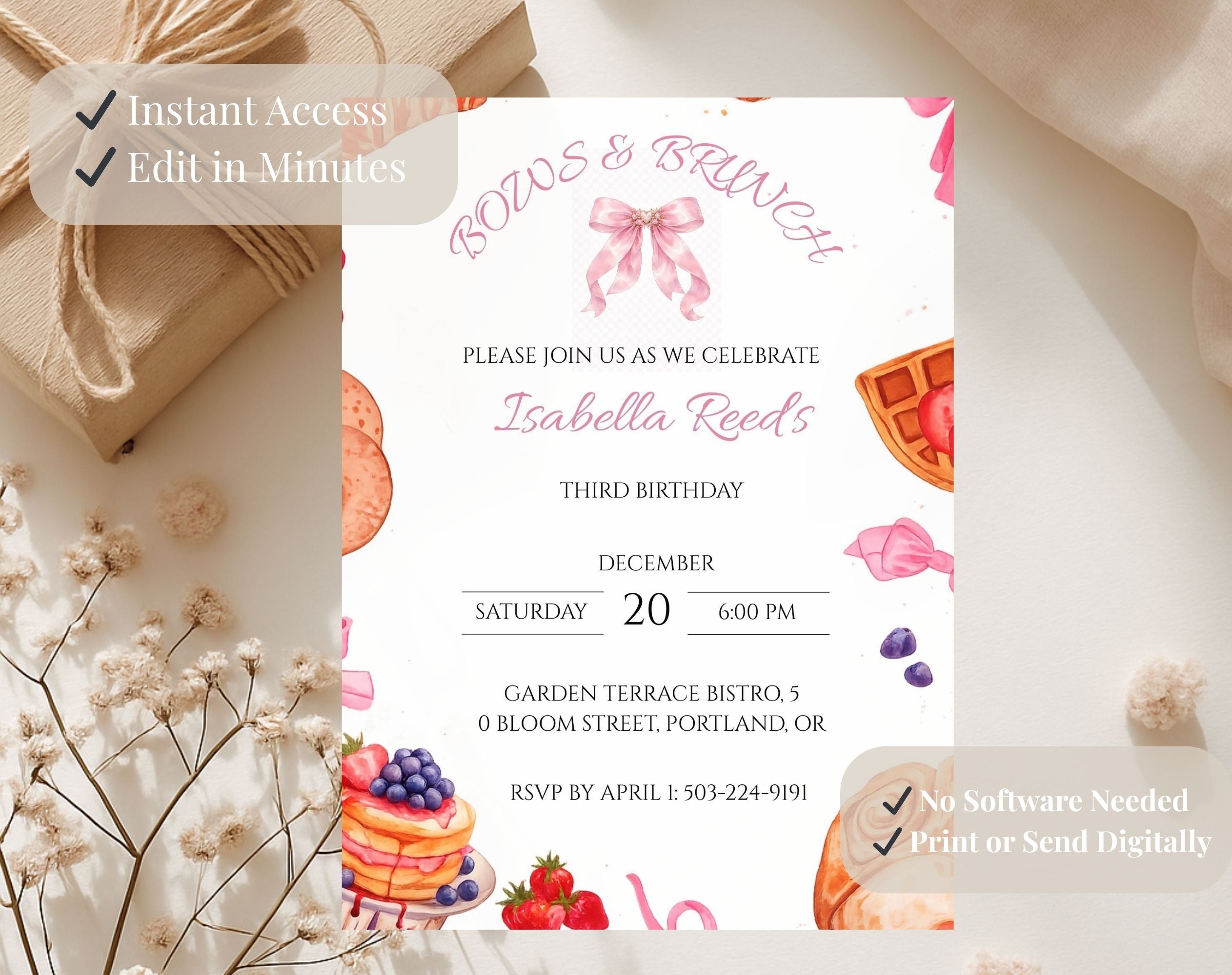 Pink Bows Brunch Birthday Invitation