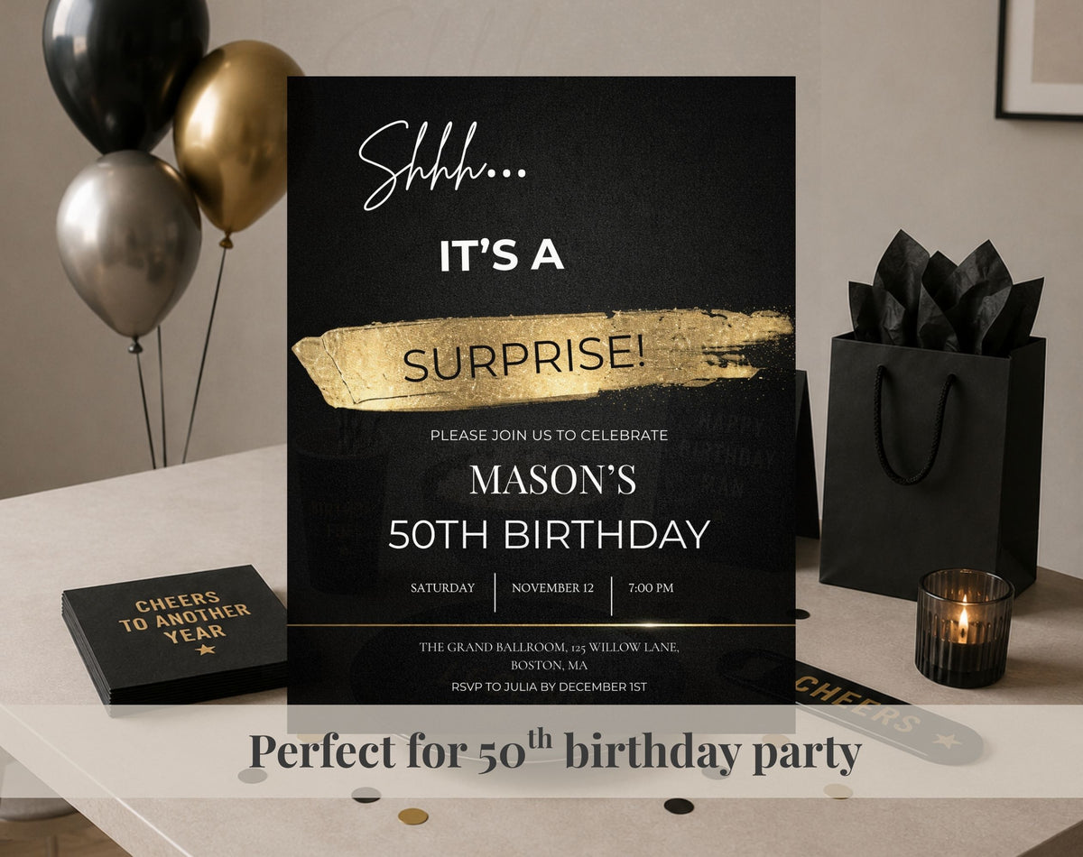 50th Black and Gold Birthday Party Invitation