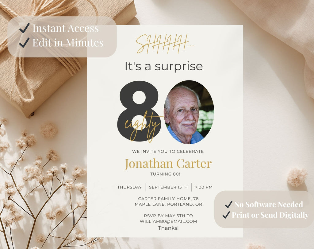 Beige 80th Birthday Invitation