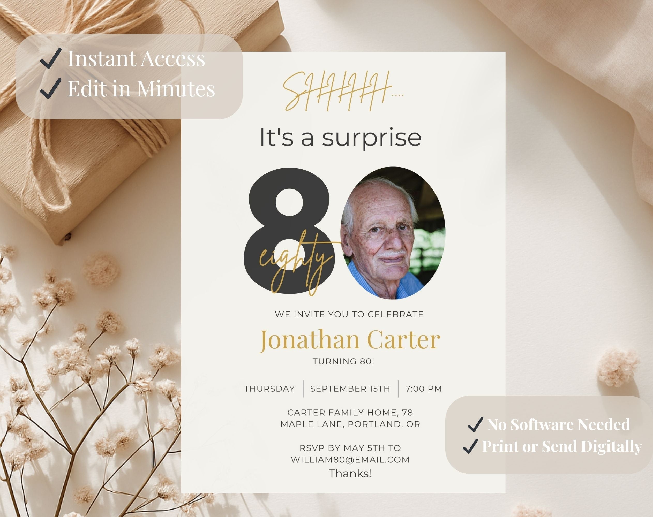 Beige 80th Birthday Invitation