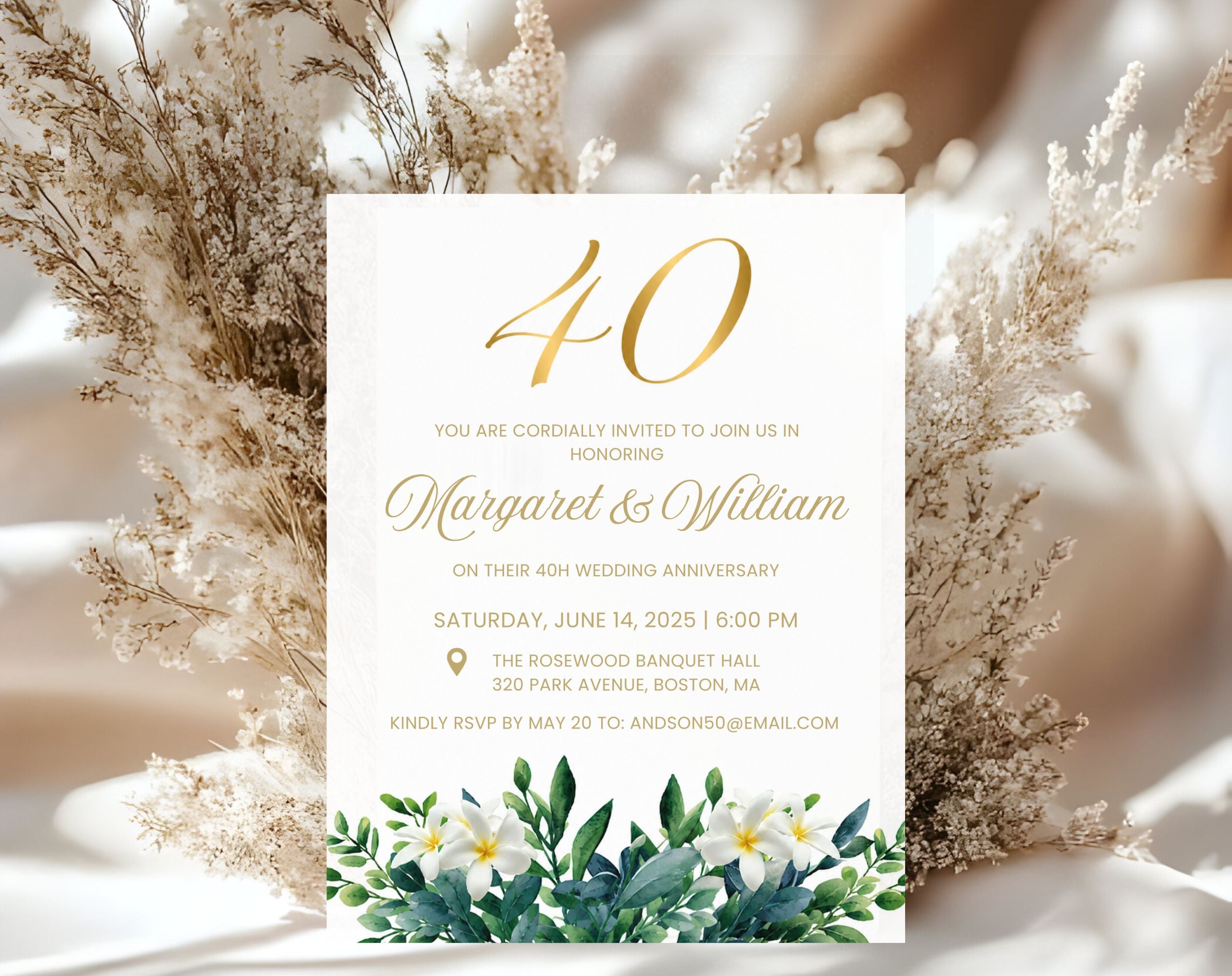 40th White Gold Wedding Anniversary Invitation