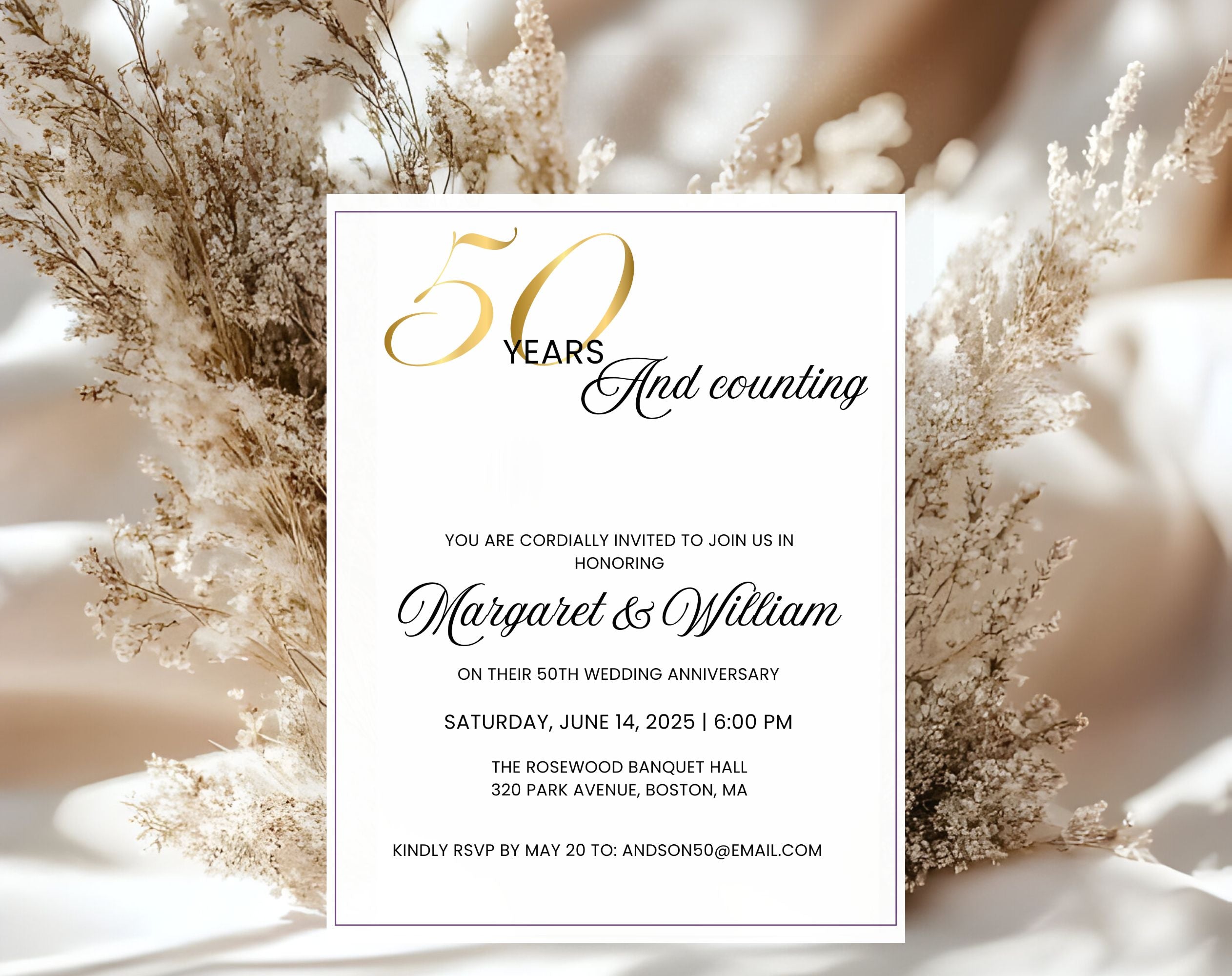 Elegant White Gold 50th Anniversary Invitation