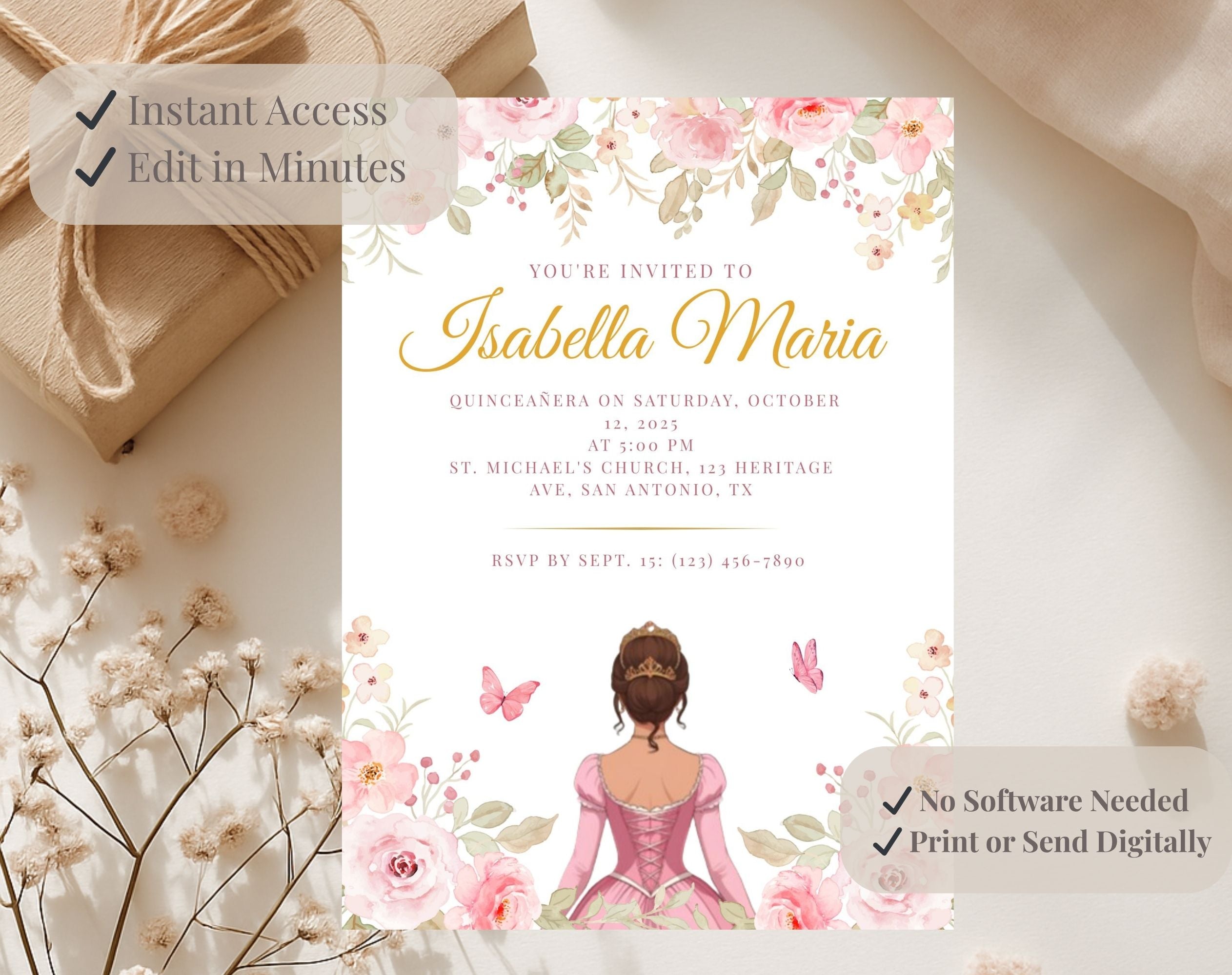 Pink and Gold Quinceañera Sweet 15 Birthday Invitation