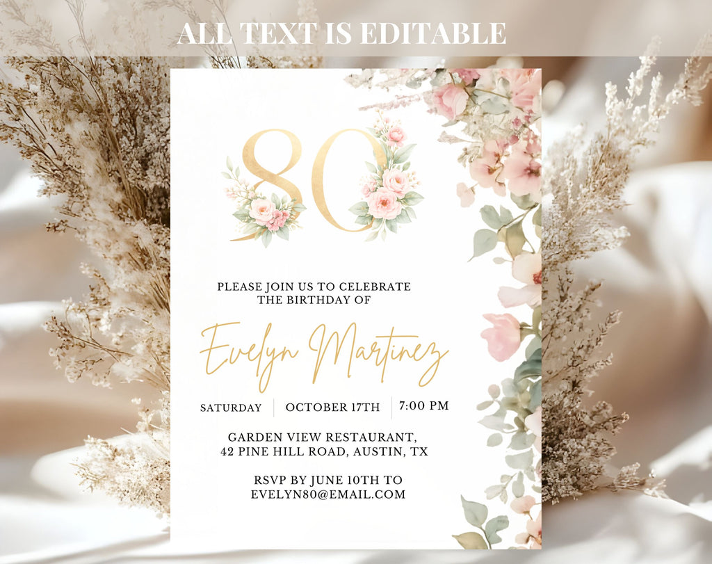 Floral 80th Birthday Invitation