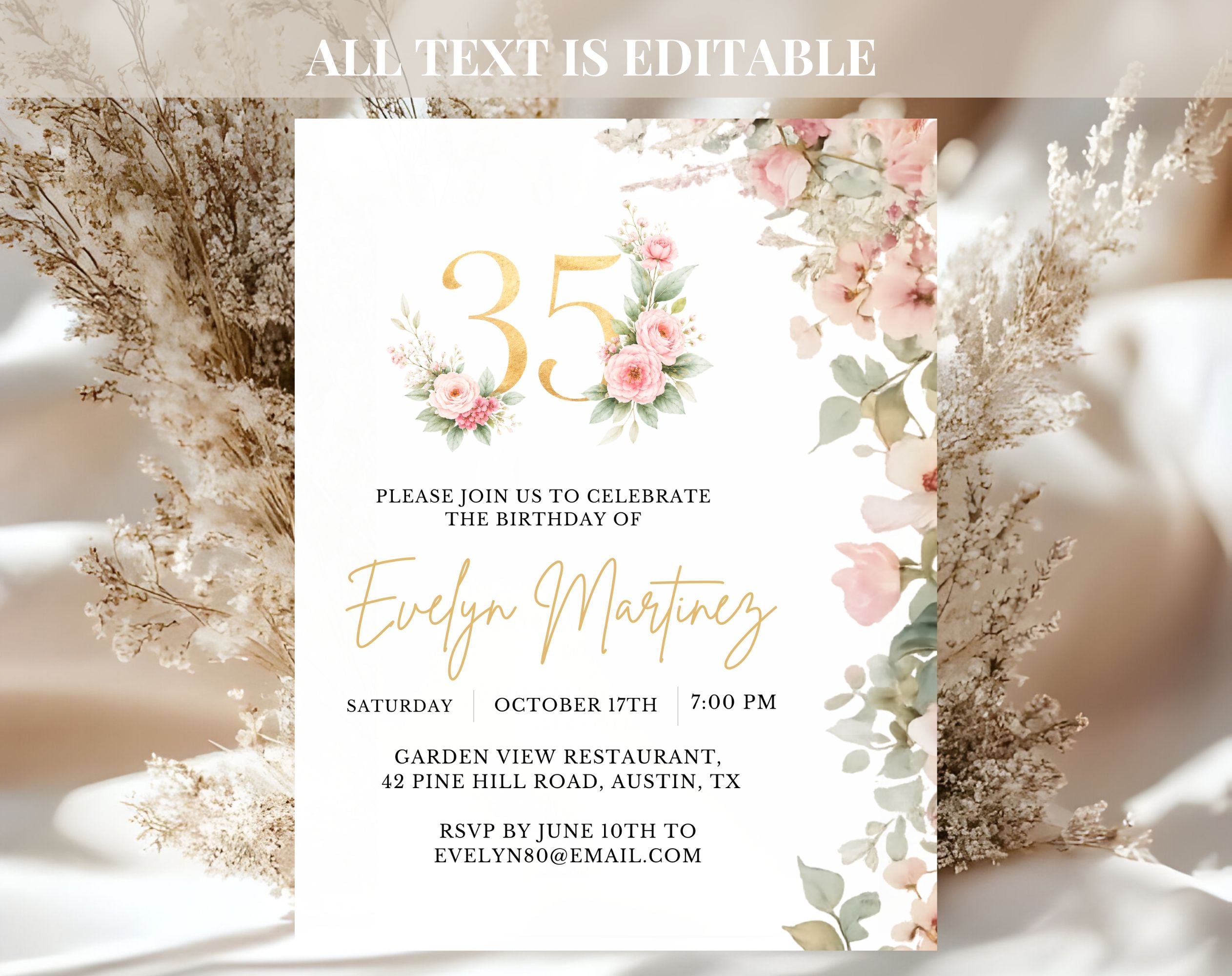 Elegant Floral 35th Birthday Invitation