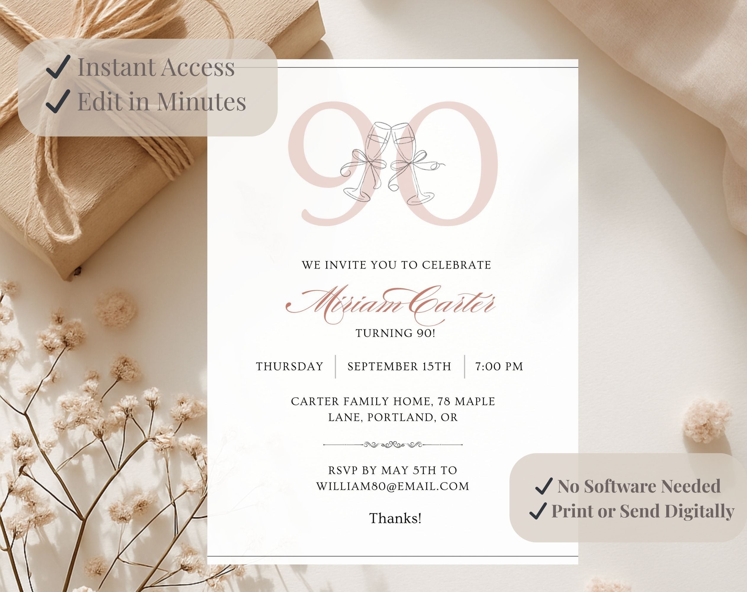 Elegant Blush Pink 90th Birthday Invitation