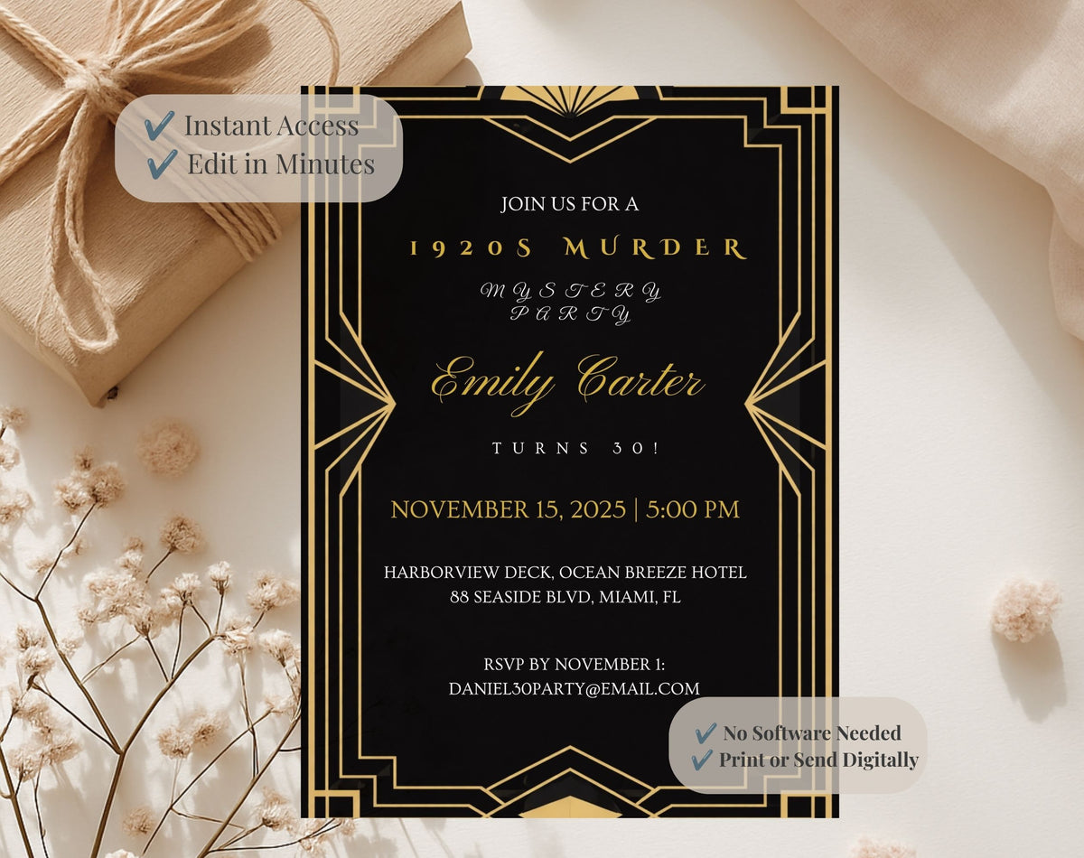 Black and Gold 1920s Murder Mystery 30th Birthday Invitation