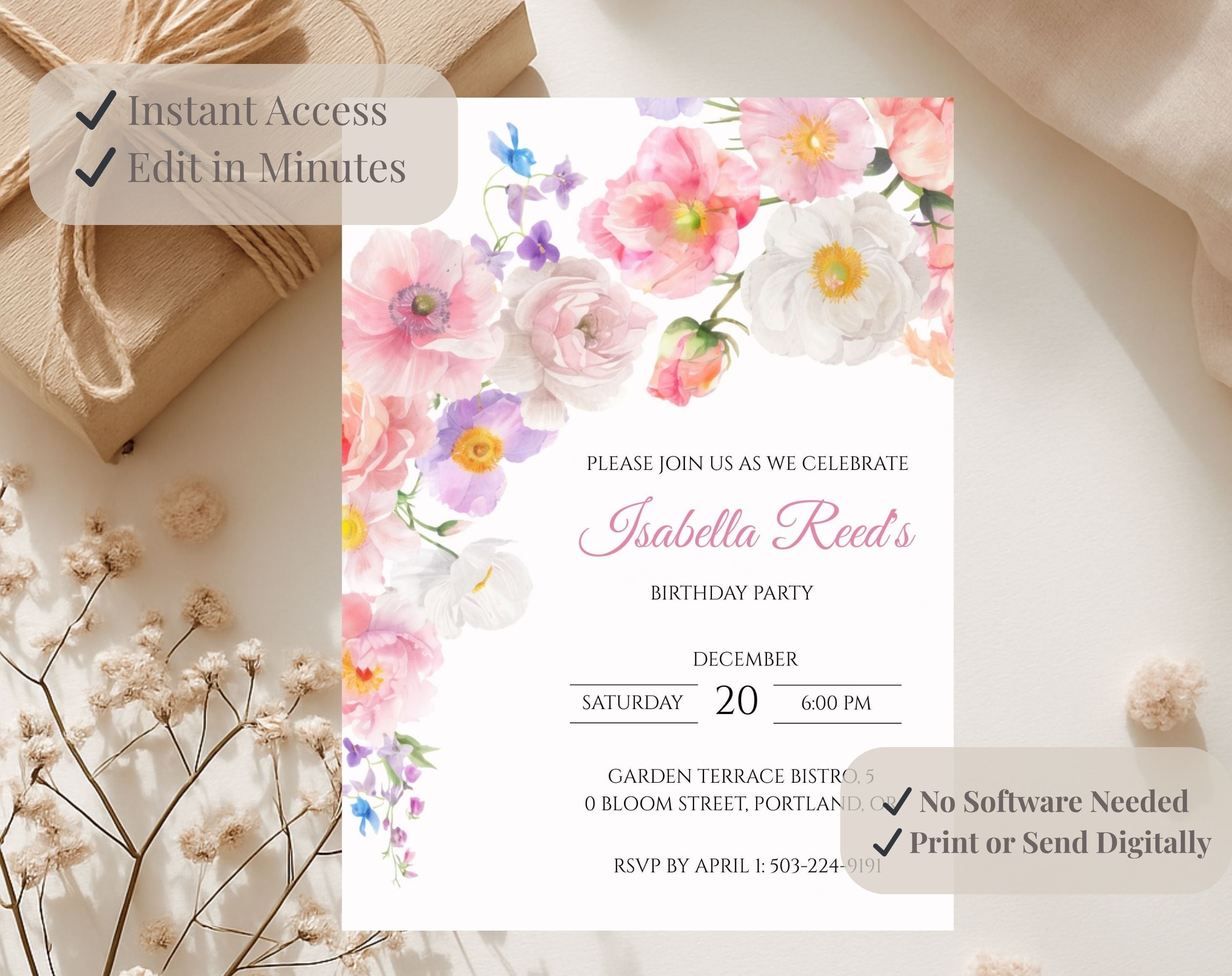 Elegant Pink Flower Floral Birthday Invitation