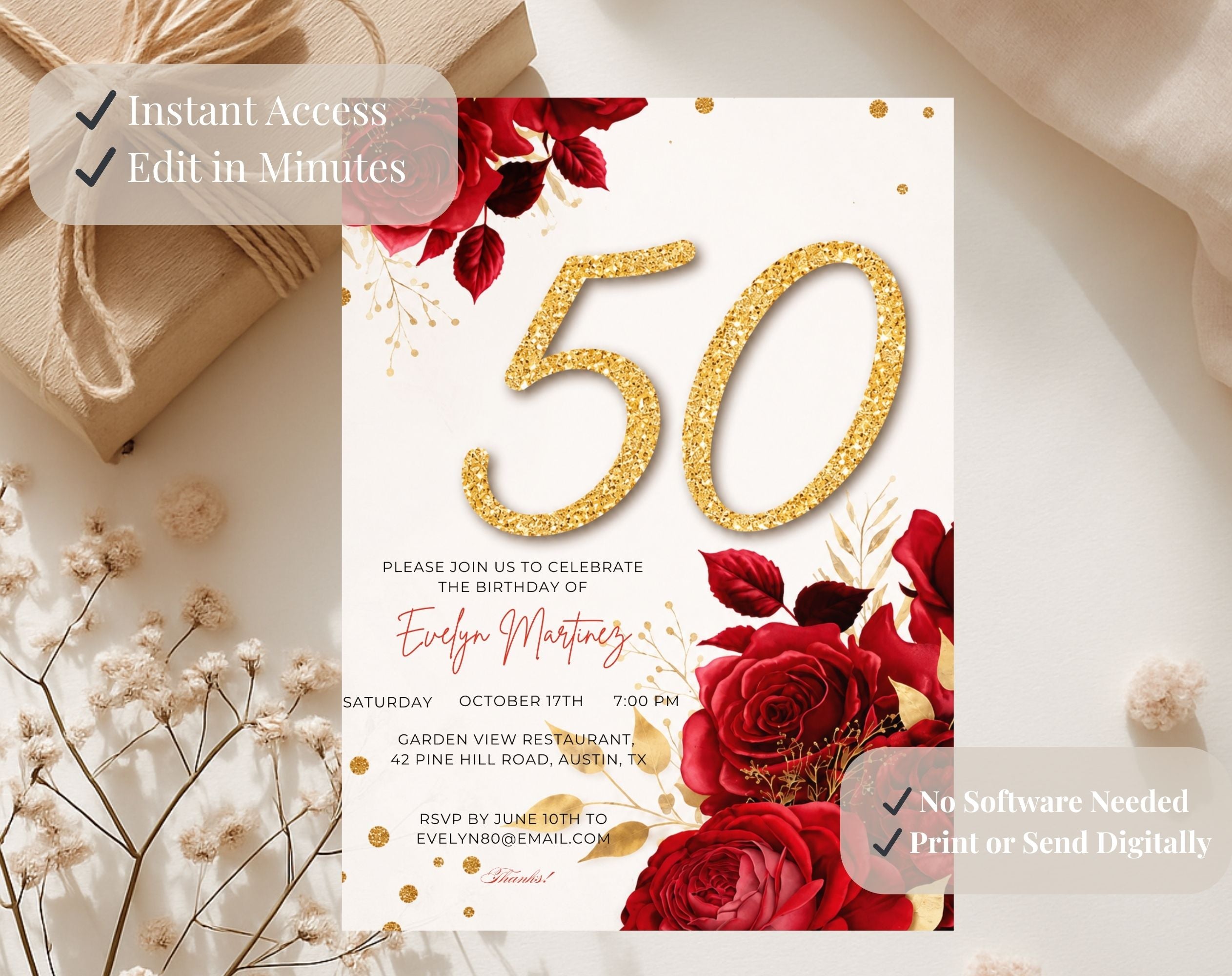 Red Rose Gold 50th Birthday Invitation