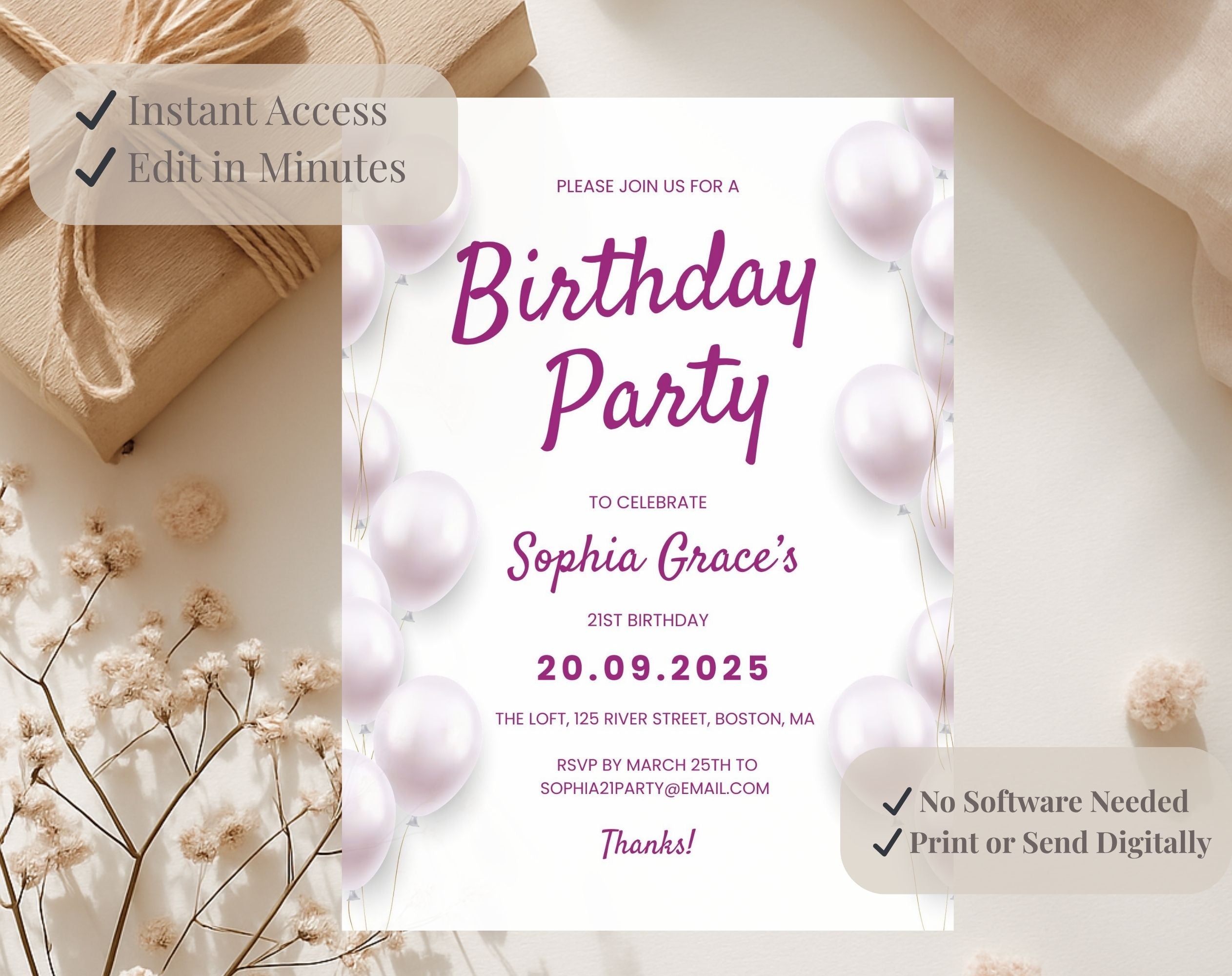 Elegant 2 Pink and White 21st Birthday Invitation