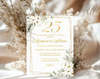 White Gold Floral 25th Wedding Anniversary Invitation