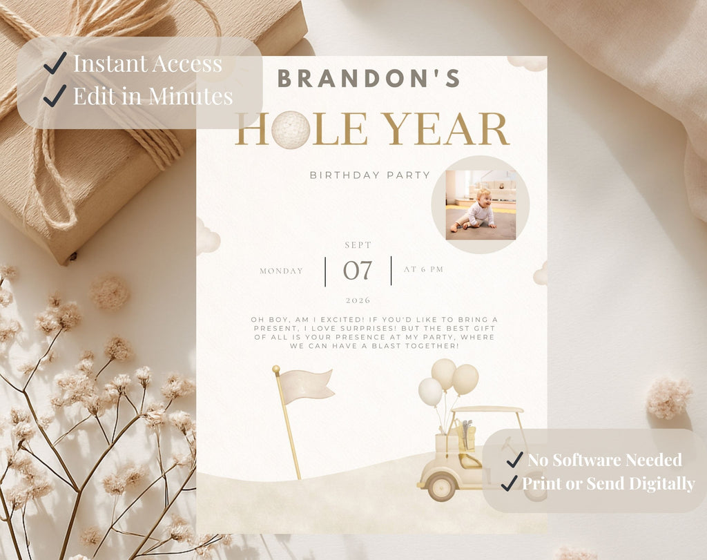 Beige and Gold Golf First Birthday Invitation