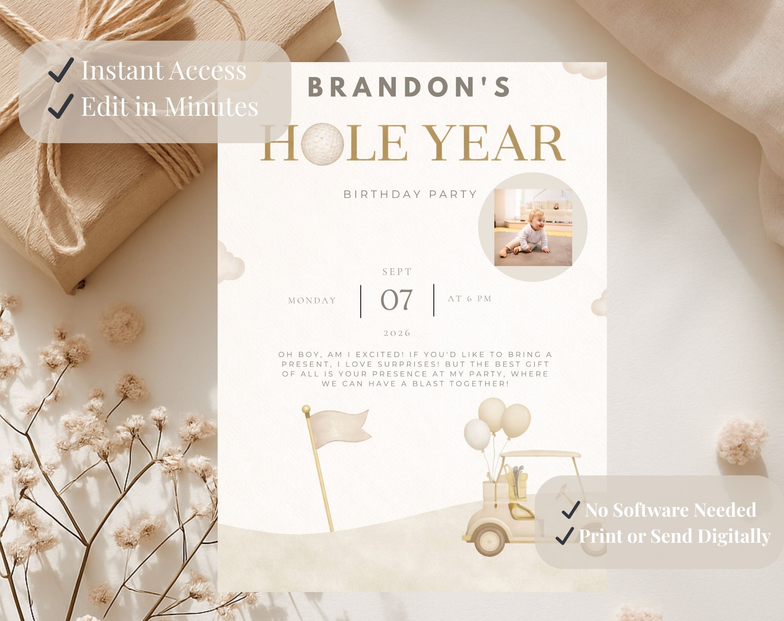 Beige and Gold Golf First Birthday Invitation